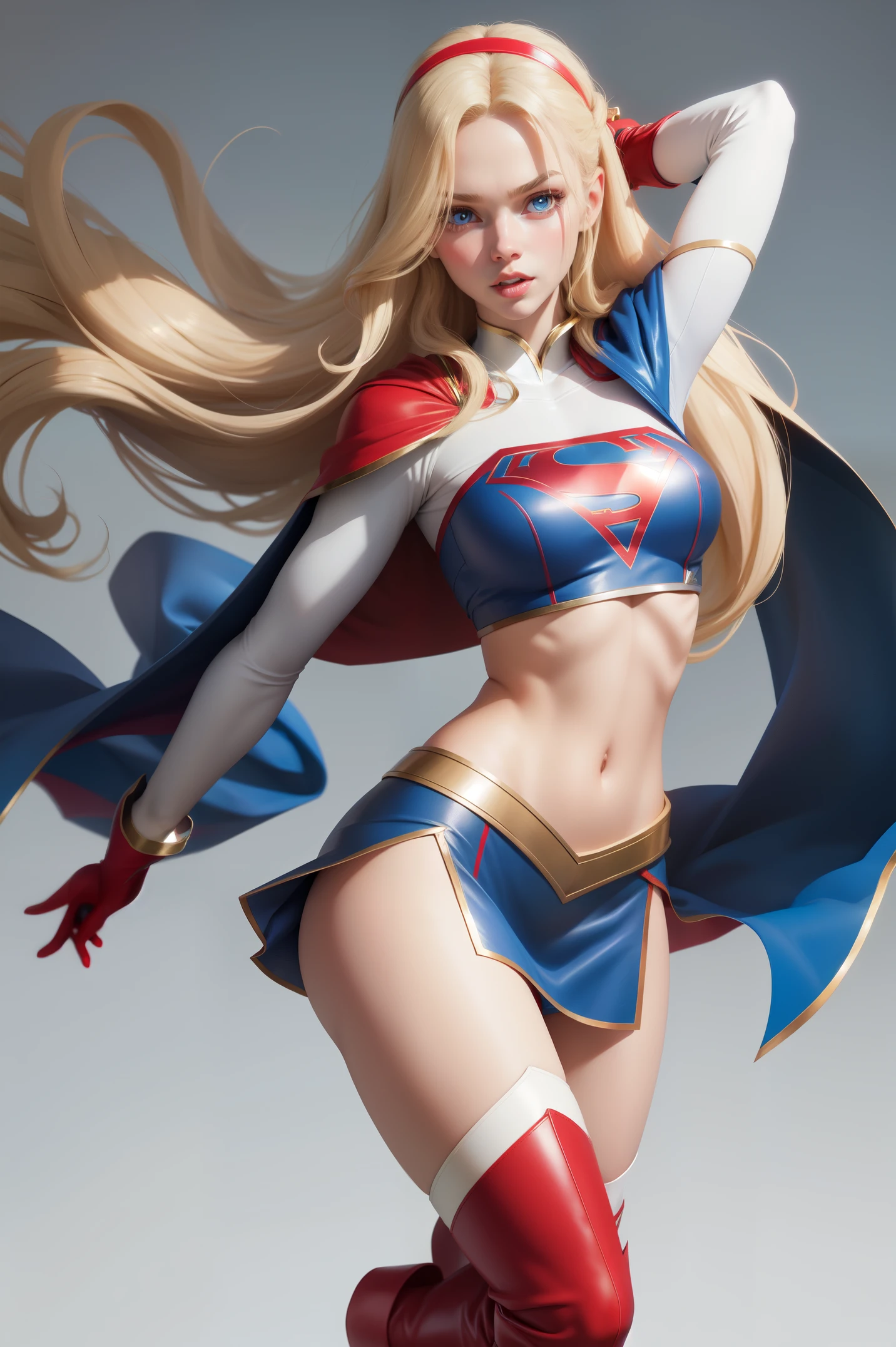 Sexy Spawn Long blonde hair and blue eyes, black hair band, white croptop, short sleeves, red cape, blue pencil skirt, red boots, white gloves