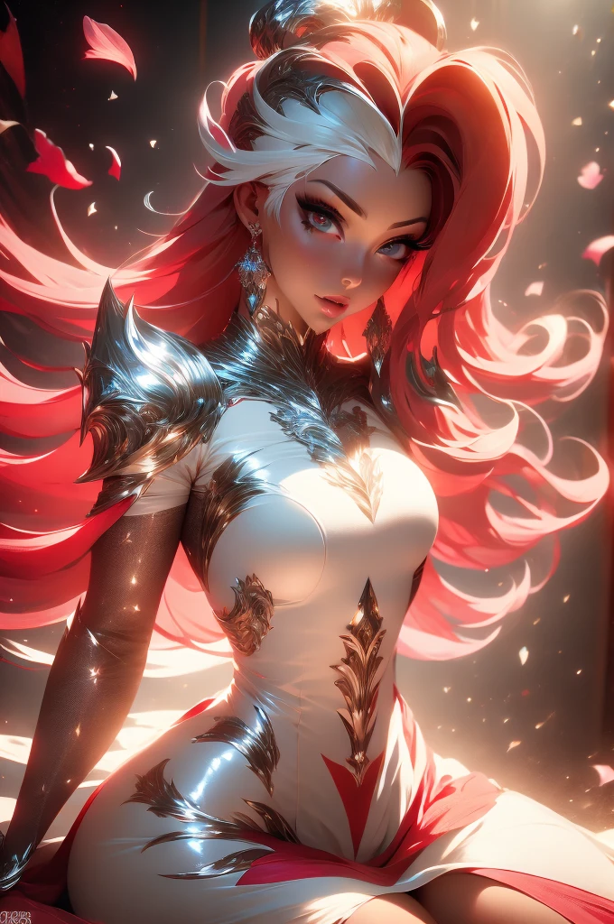 Rias Gremory. Hay una chica con un vestido verde, flores de ciruelo, palacios, trazado de rayos de arquitectura oriental, {mejor calidad}, {{obra maestra}}, papel tapiz 8K extremadamente detallado, {un extremadamente delicado y hermoso}, colorido, intrincadamente detallado, realista, real, Camera quality, (Detailed representation of clothing), cold white skin, (Detailed representation of blush), 1080p, sol, ternura suave, cabello plateado claro liso, belleza desordenada, luci, broken feeling, piel brillante y sedosa, stereoscopic 3D, obra maestra, mejor calidad, super fine illustration, ojos hermosos, luz muy fina, brillo fino, papel tapiz CG 8K muy fino, Peach eyes, pupilas rojas, una chica extremadamente delicada y hermosa, papel tapiz 8k, mejor calidad, primer plano de cuerpo completo, vestido largo blanco, lujoso reflector de gasa roja brillante sedoso (magica, brillante, ultrafino, suave, )