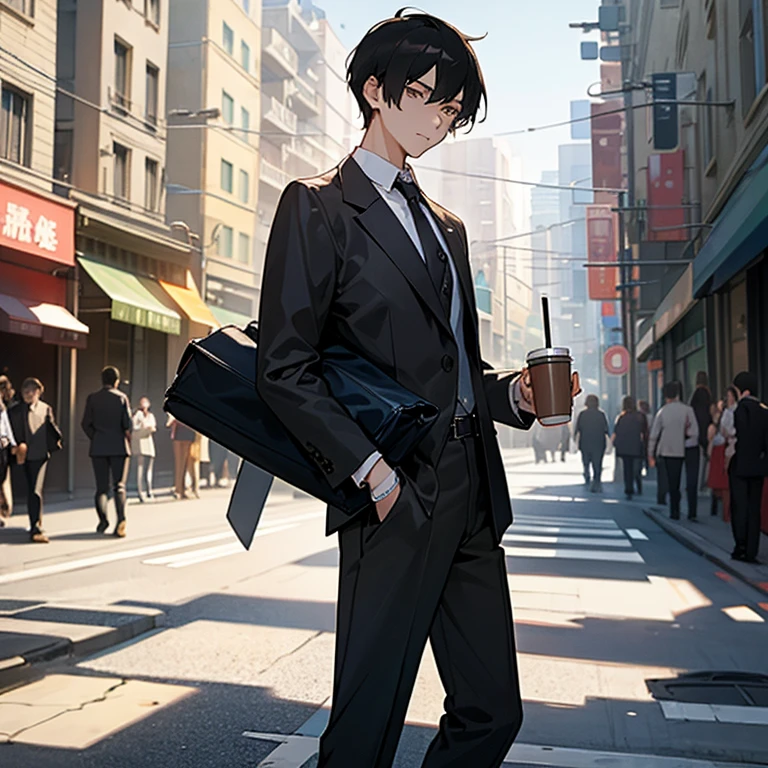 Sheer sunlight、In the street、Man in his 20s、short-haired、A dark-haired、Coffee in one hand、行走、Business suits、neck tie、slacks、Leather shoes