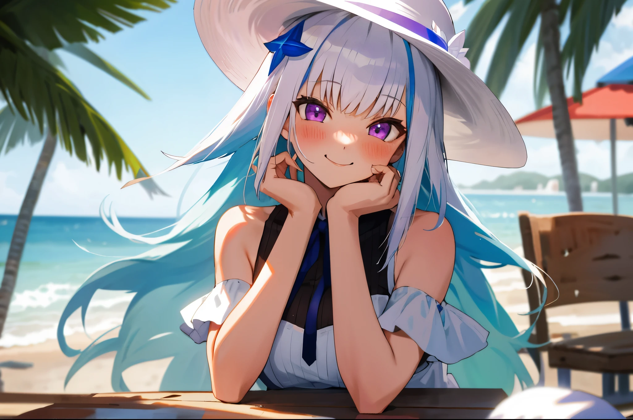One girl with long hair, bangs, white hair, blue inner hair:1.25) , purple eyes, looking at viewer, blushing, little smile, outdoor, cafe, beach, table, sitting, white dress, sleeveless, white hat , mid-chest, day atmosphere, hair ornament, medium breasts, upper body, focus, blurry background, food, hands in face