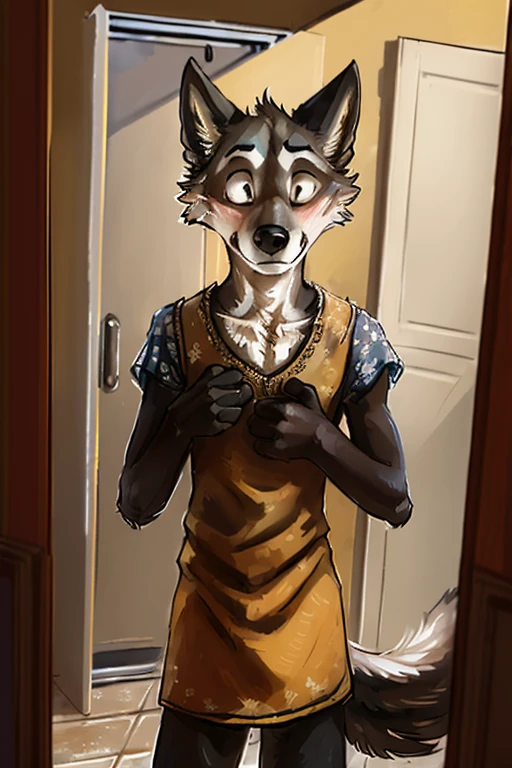 solo, wolf, male, slender, day, ((twink)), detailed, uploaded to e621, beautiful and detailed portrait of an anthropomorphic boy, (((male))), kenket, uploaded to e621, lace floral dress, embarrassed, changing room,