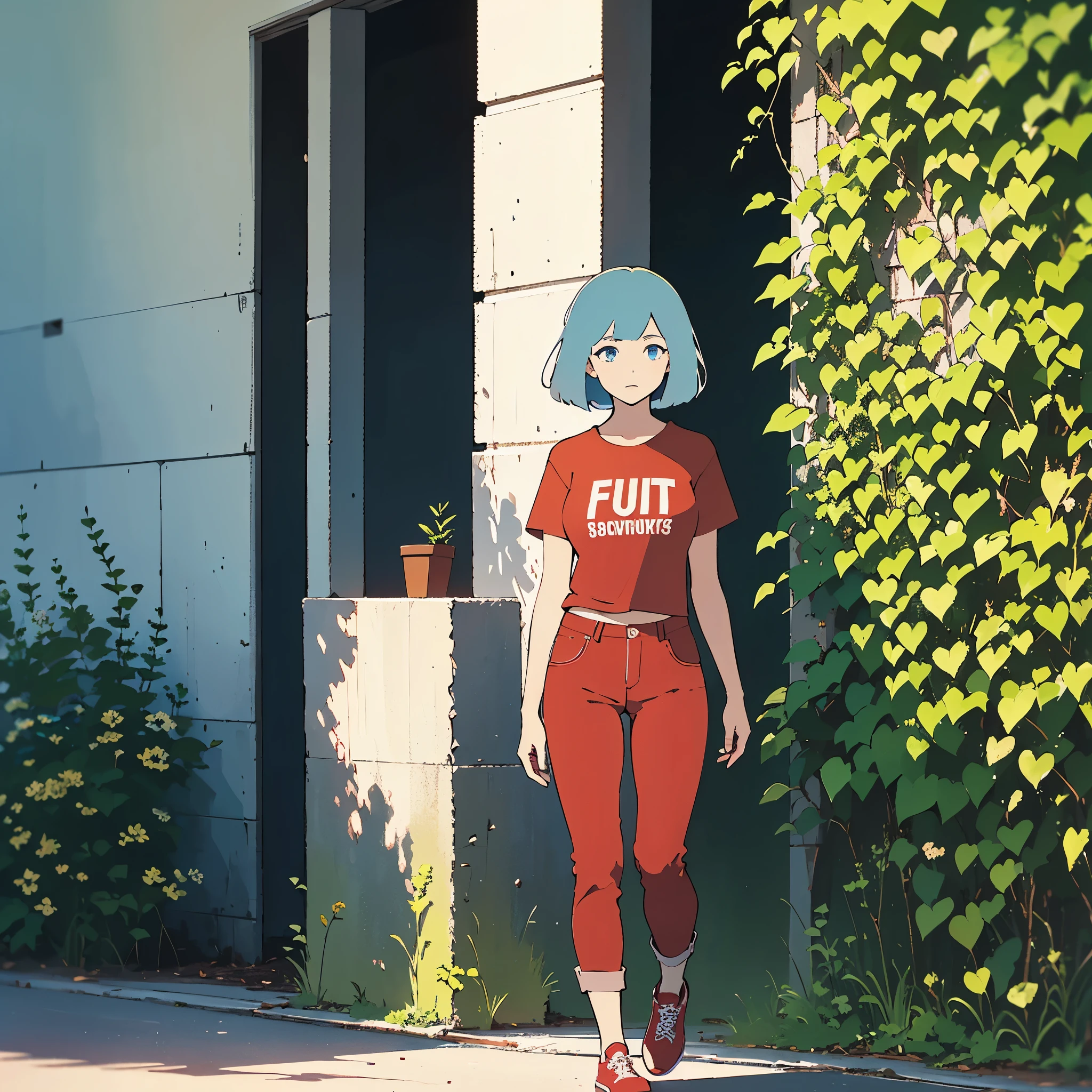 1girl,pale skin,light blue eyes,light blue hair,bob cut,solid red t-shirt,blue pants,red shoes,full body view,high resolution,perspective,from outside,Eye-Level Shot,illustration,detailed shadows,green garden background,warm sunlight,vibrant colors,subtle textures,vivid details,soft brushstrokes,dreamy atmosphere,gentle breeze