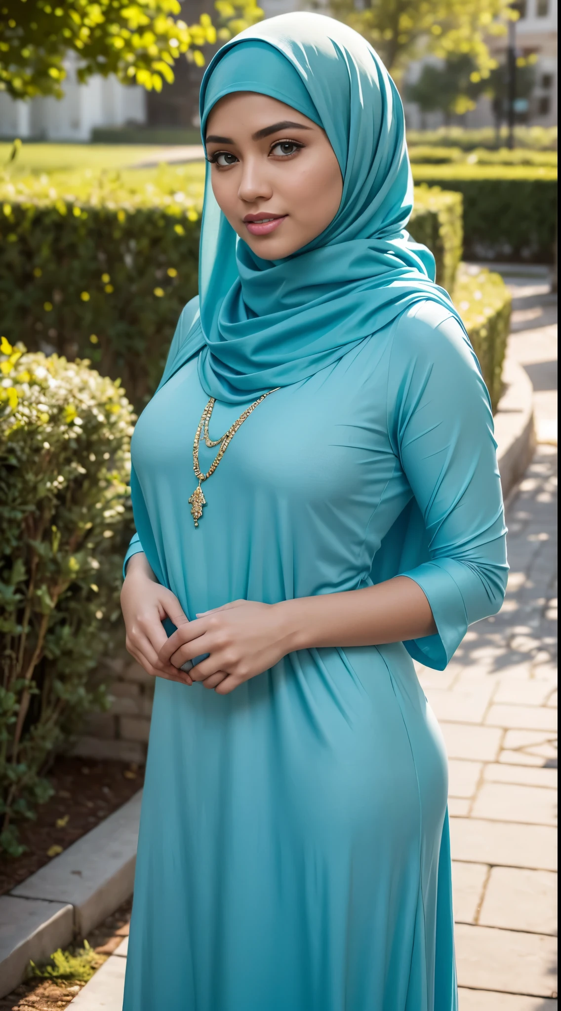 ( Close Up),RAW, Best quality, high resolution, masterpiece: 1.3), beautiful Malay woman in hijab,Masterpiece, perfect fit body, big breast,big gorgeous eyes, Soft smile,beutiful face,thick thighs, close up of a woman wearing a blue dress and a scarf, turqouise, long dress with apron, long dress female, with teal clothes, turquoise, belly free teal dress, idian dress, icey blue dress, modest flowing gown, teal tunic, flowing aqua silk, blue tunic, sky - blue dress, dress in voile, dressed thobe, long tunic, (Delicate turtleneck) , shairband, afternoon walk, City garden, Excellent lighting, Bright colors, Clean lines,