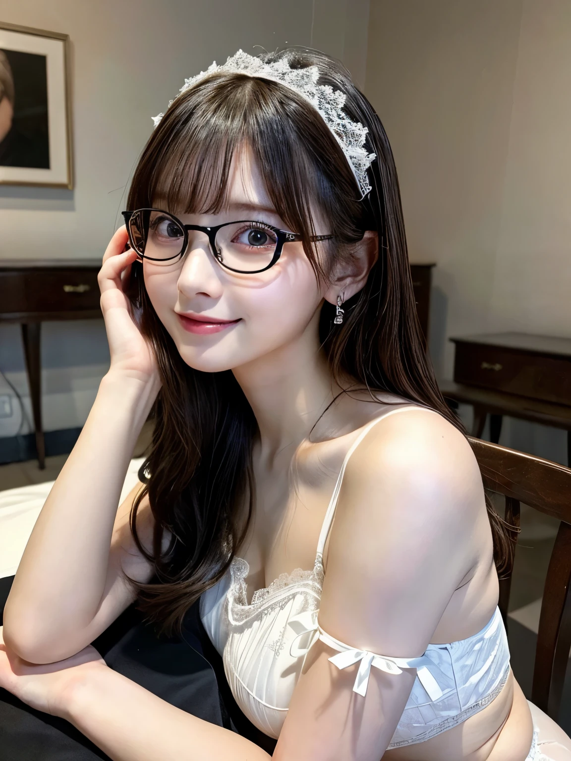 (8k, RAW photo, best quality, masterpiece, extremely detailed:1.2),(realistic, photo-realistic:1.4), sharp focus, bokeh, detailed 8k background, soft light, (from below, back shot, squatting, hands between legs, close up:1.2),
extremely cute 1 Japanese idol with fake glasses, (detailed stylish random fake glasses), (extremely detailed brown eyes with highlight), 18 years old, extremely detailed cute face, (detailed extremely pale skin), detailed black hair, looking at viewer, seductive smile, closed mouth, perfect anatomy, (white lace lingerie), bare legs, big ass, sexy pose,
modern cozy simple dining room, fluffy mattress