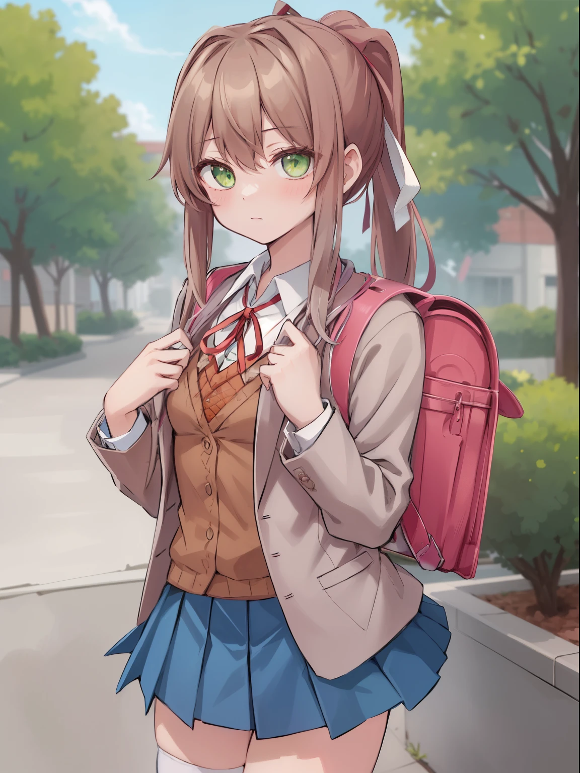 2d, masterpiece, best quality, anime, highly detailed, 1girl, solo, monika, green eyes, brown hair,very long hair, ponytail,white hair ribbon , blazer, brown sweater, collared shirt, neck ribbon, blue skirt, carries randoseru backpack, (randoseru backpack:1.0), school backpack, standing, outdoor, day