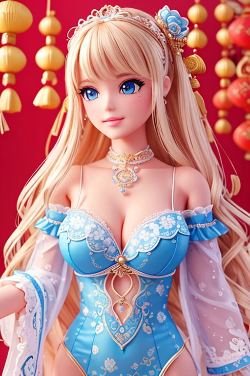 wavy hair wavy hair，（（（hair adornments））），choker necklace，Barbie wears sexy blue and white lace bodysuit，The room is filled with Chinese New Year decorations（（（tmasterpiece）））， （（Best quality））， （（intricately details））， （（hyper realisitc））（8K）