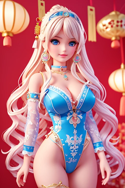 wavy hair wavy hair，（（（hair adornments））），choker necklace，Barbie wears sexy blue and white lace bodysuit，The room is filled with Chinese New Year decorations（（（tmasterpiece）））， （（Best quality））， （（intricately details））， （（hyper realisitc））（8K）