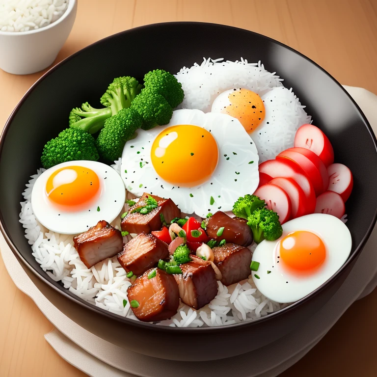 Dog eating, animation, high quality, high resolution, rice bowl, fried egg, braised pork, diced radish, beans, rice, broccoli