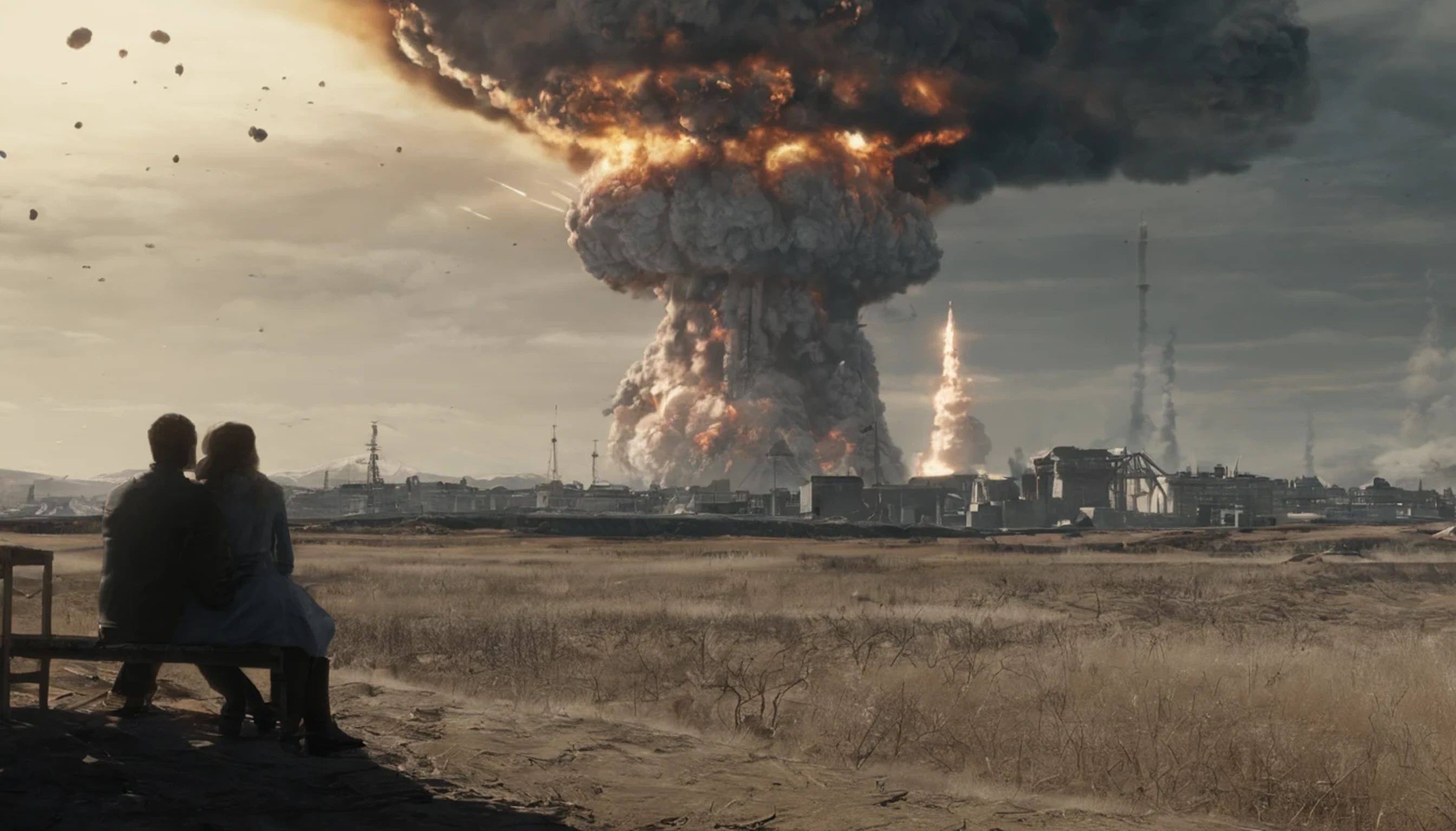 (a man and a woman are sitting on a hill, Hold hands and watch the explosion..)、Rear view of a sitting man and woman、in front of a nuclear explosion behide, looks at the nuclear explosion behide, Watch the big explosion, nuclear explosion behide background, 背後でnuclear explosion behide, (explosions in background), nuclear explosion behides paint sky, nuclear explosion behide, Apocalyptic 8 K, Apocalyptic 8k, ( Apocalyptic ) 8 K, Big explosions everywhere、End of the world、Cinematic lighting, Atmospheric perspective, wide angles, foreshortening, nffsw, masutepiece, high details, hight resolution、Explosion quite far away、Composition seen from a distance、negative space、chee、Buildings