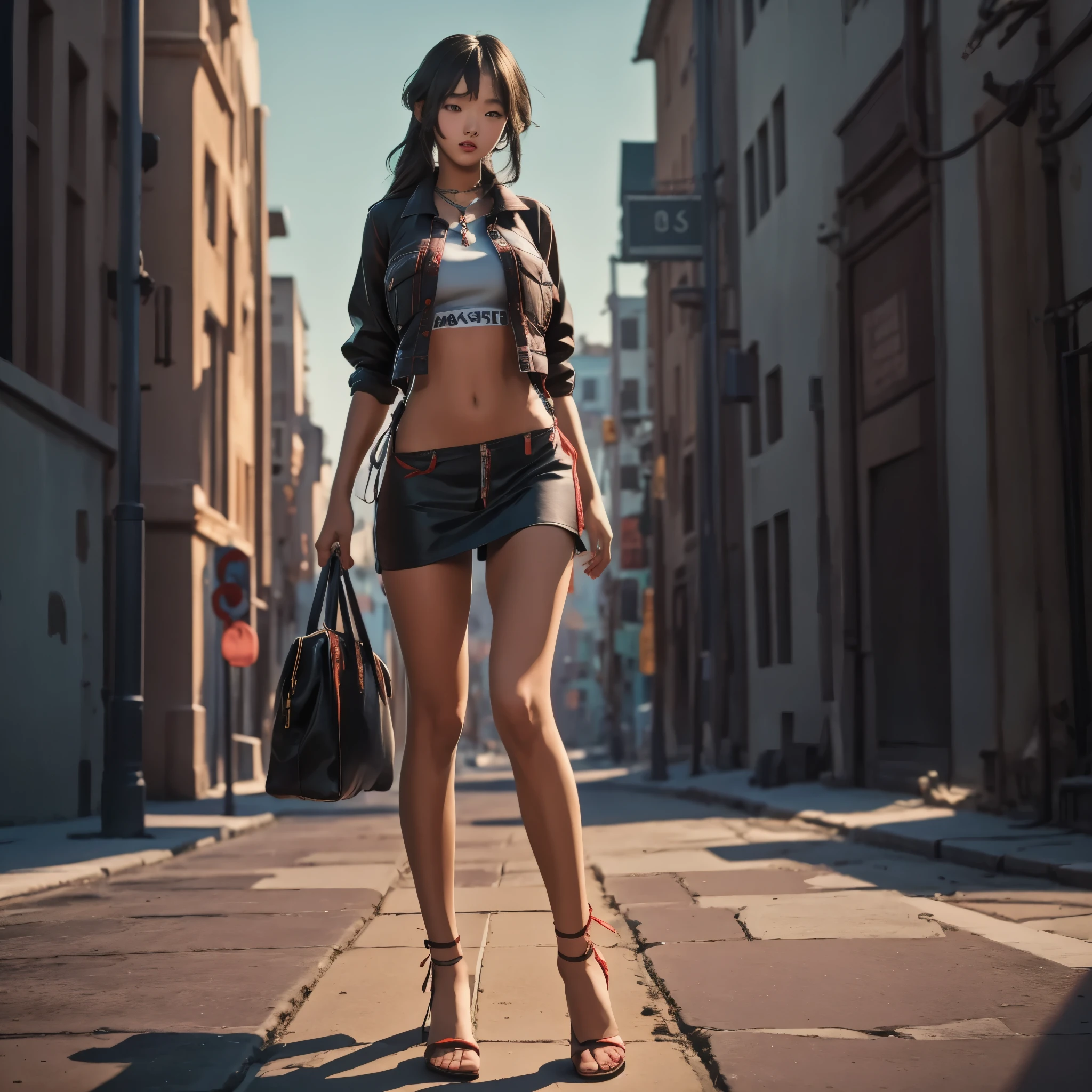 (best quality,4k,8k,highres,masterpiece:1.2),ultra-detailed, Korean Goddess Eopsin as a college student, Kim Go-eun, black hair, wide hips, rich girl, m3shm1cr0, XIVSTREETJACKET, walking down city street, holding expensive handbag, Arrogant smile on her face, looking at viewer, HDR, 8k, absurdres, cinestill 800, sharp focus