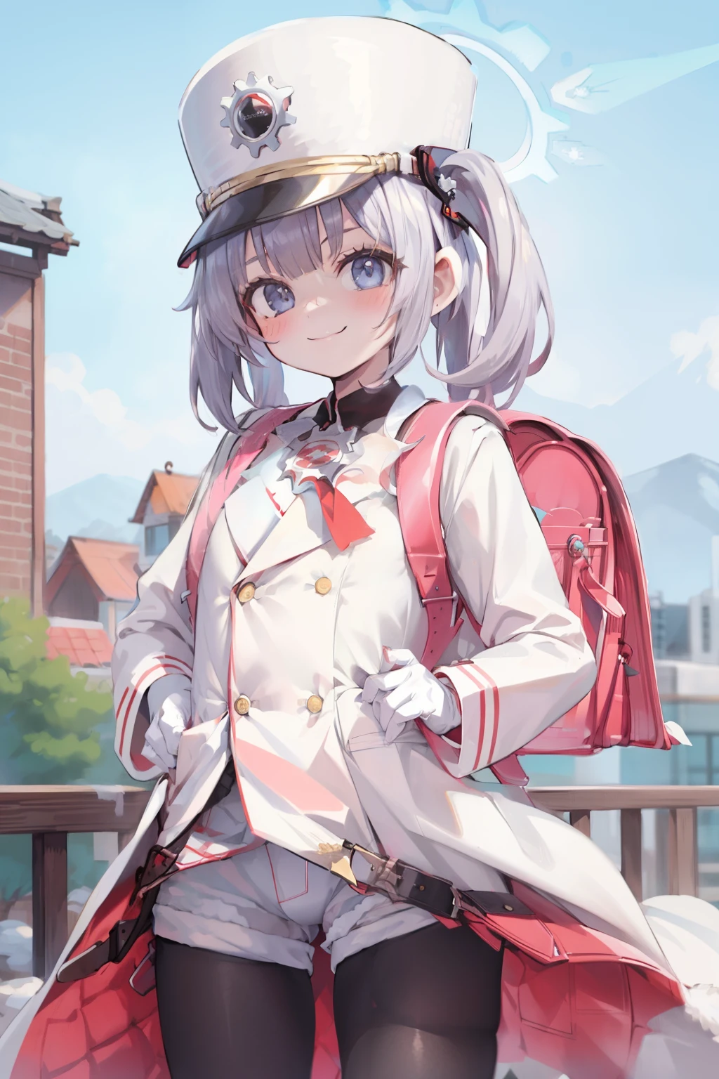 (masterpiece:1.3), (best quality:1.3), (ultra-detailed:1.3), 1girl, looking at viewer, upper body, smile, outdoors, cherino-fi, halo, shako cap, white jacket, white coat, uniform, white gloves, white shorts, black pantyhose, white mustache, standing, upper body, carries randoseru backpack m, (randoseru backpack:1.0), red backpack