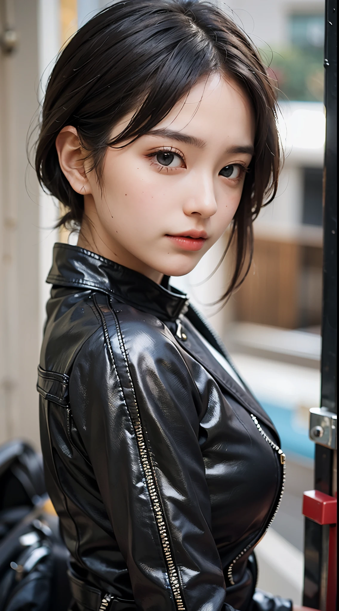 Best Quality, masutepiece, 超A high resolution, (Photorealistic:1.4), Raw photo, 1girl in, kーpop idol, short-hair,Detailed eyes,(realisticeyes),delicated face,realskin,detailed hairs,Detailed skin,Beautiful face,Smiling、((Beautiful hair ornament))、sad Facial expression、riding a large bike、garage、leather jacket coordination、