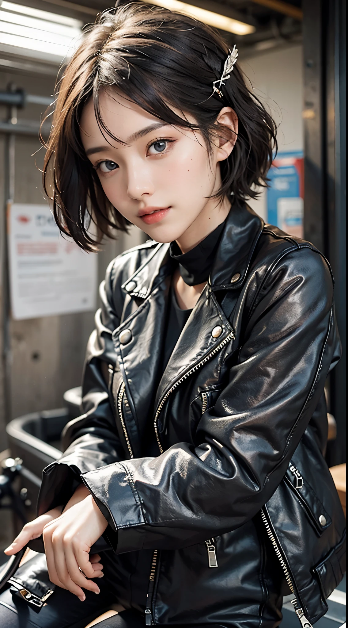 Best Quality, masutepiece, 超A high resolution, (Photorealistic:1.4), Raw photo, 1girl in, kーpop idol, short-hair,Detailed eyes,(realisticeyes),delicated face,realskin,detailed hairs,Detailed skin,Beautiful face,Smiling、((Beautiful hair ornament))、sad Facial expression、riding a large bike、garage、leather jacket coordination、
