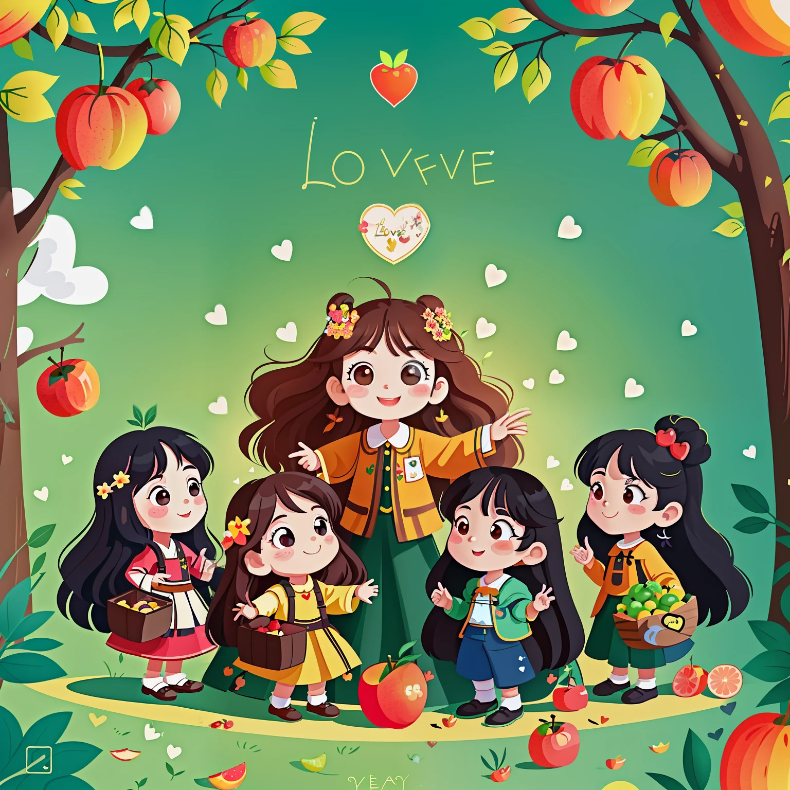 A group of long-haired girls,(There is love)Happy,orchard,those fruits,持There is love,Surrounded by love,blackboards,O sign,vector,line art,designs,inspiration,straight line,RHAD