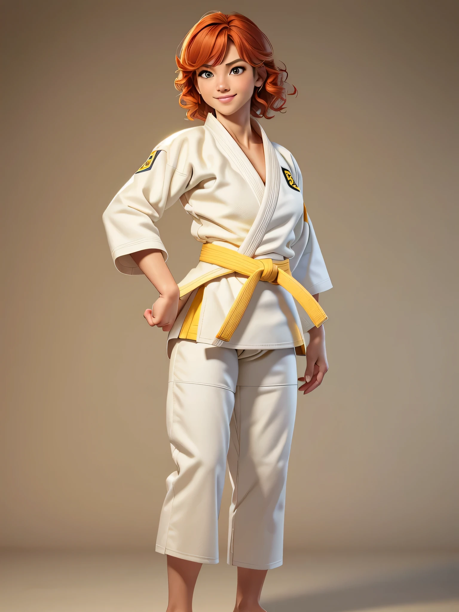 (8k, Foto RAW, Obra-prima de qualidade: 1.2), (Realistic, photoRealistic: 1.37), female judo athlete, mulher branca, red hair, cabelos ondulados, short hair, pele clara, judoca, (((Judogi Branco))) , ((faixa amarela)), ((just one faixa amarela)), ((sem distintivos no judogi)), soio, Standing, A Long Shot, (tiro de corpo inteiro: 1), Olhe para o espectador, posando para fotografia, postura firme, A Long Shot photography, Rosto detalhado, (sorriso perfeito), (olhos perfeitos), (perfect hands), (perfect fingers), (perfect feets), (corpo forte), (tiro de corpo inteiro) : 1).