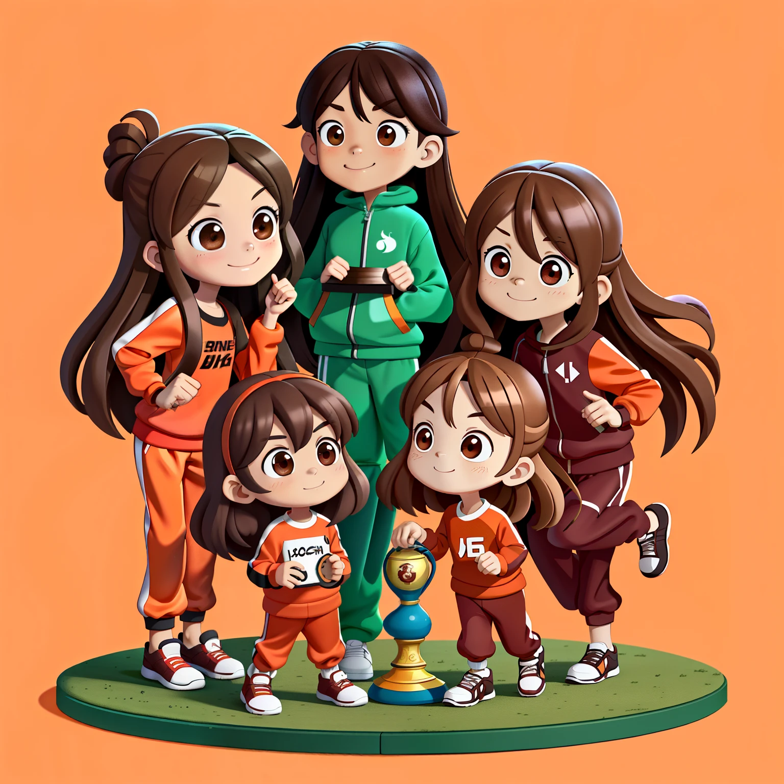 A group of girls with long brown hair,Wear a red long-sleeved tracksuit,Orange long sweatpants,tournament winner(Holding the championship trophy in hand)(jogging第一名)jogging,in the early morning,(There is love)Happy,Surrounded by love,Surrounded by love,O sign,vector,line art,designs,inspiration,straight line,RHAD