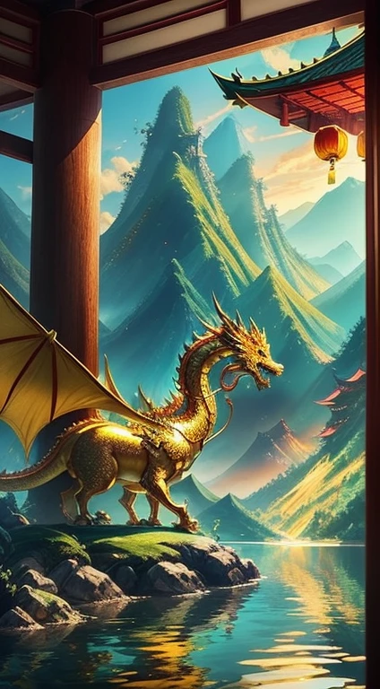 Gold dragon, a Chinese fantasy creature、1 gold dragon on the lake、Green mountains on both sides、dragons have no wings、Fantastic and beautiful、Rising fortune、Good luck、dappled golden light、There are no people