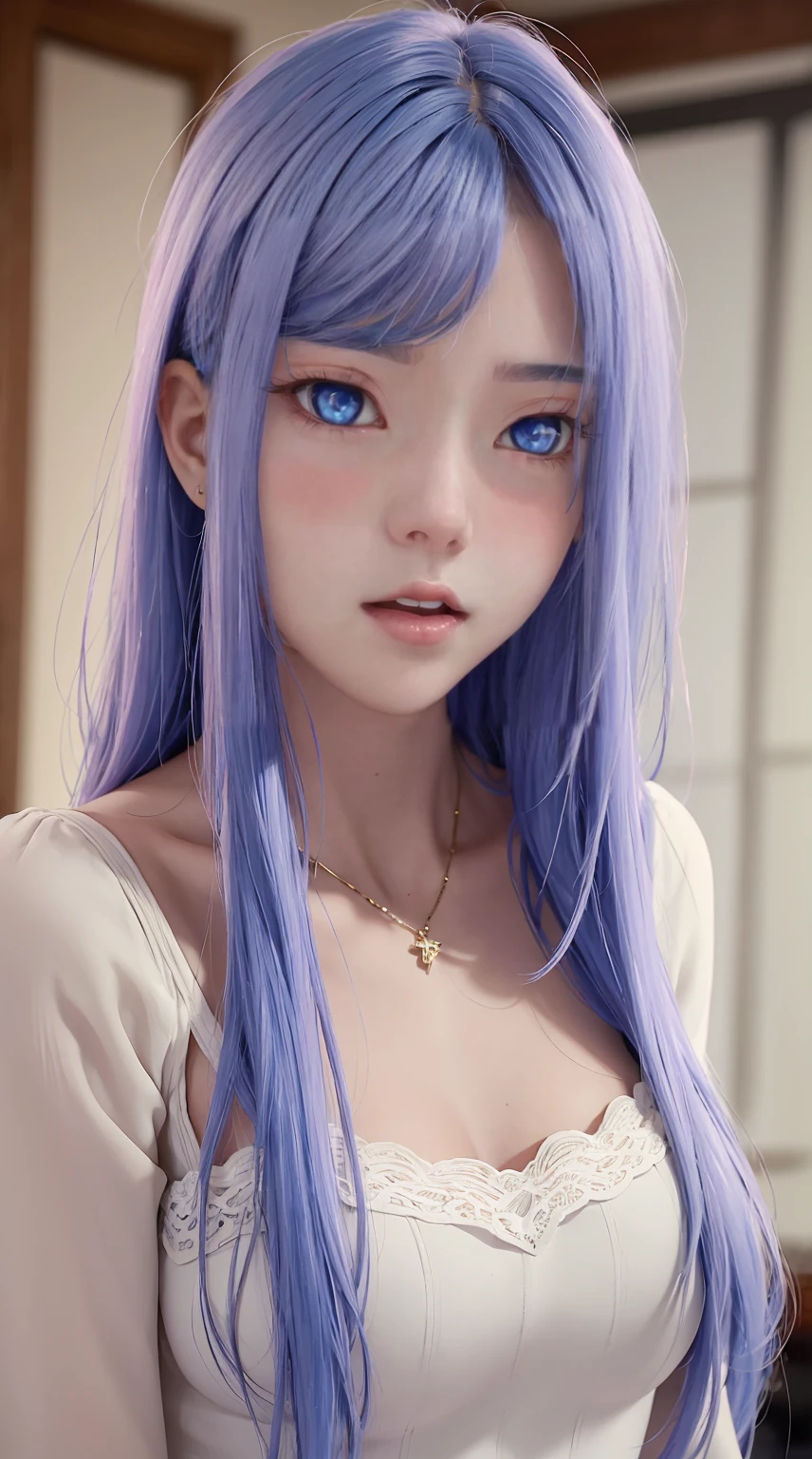 8K, Ultra High Definition, Super detailed, Shiny detailed hair, detailed face, fantasy landscape, solo, looking at viewer, {{best quality}}, {{masterpiece}}, {{ultra-detailed}}, {detailed light}, ultra high quality eyes, detailed eyes, perfect eyes, large eyes, detailed blue eyes, white hair, long hair, beautiful, skinny body, white skin, slutty, erotic, standing in suggestive, blushing, open mouth, ahegao, nsfw