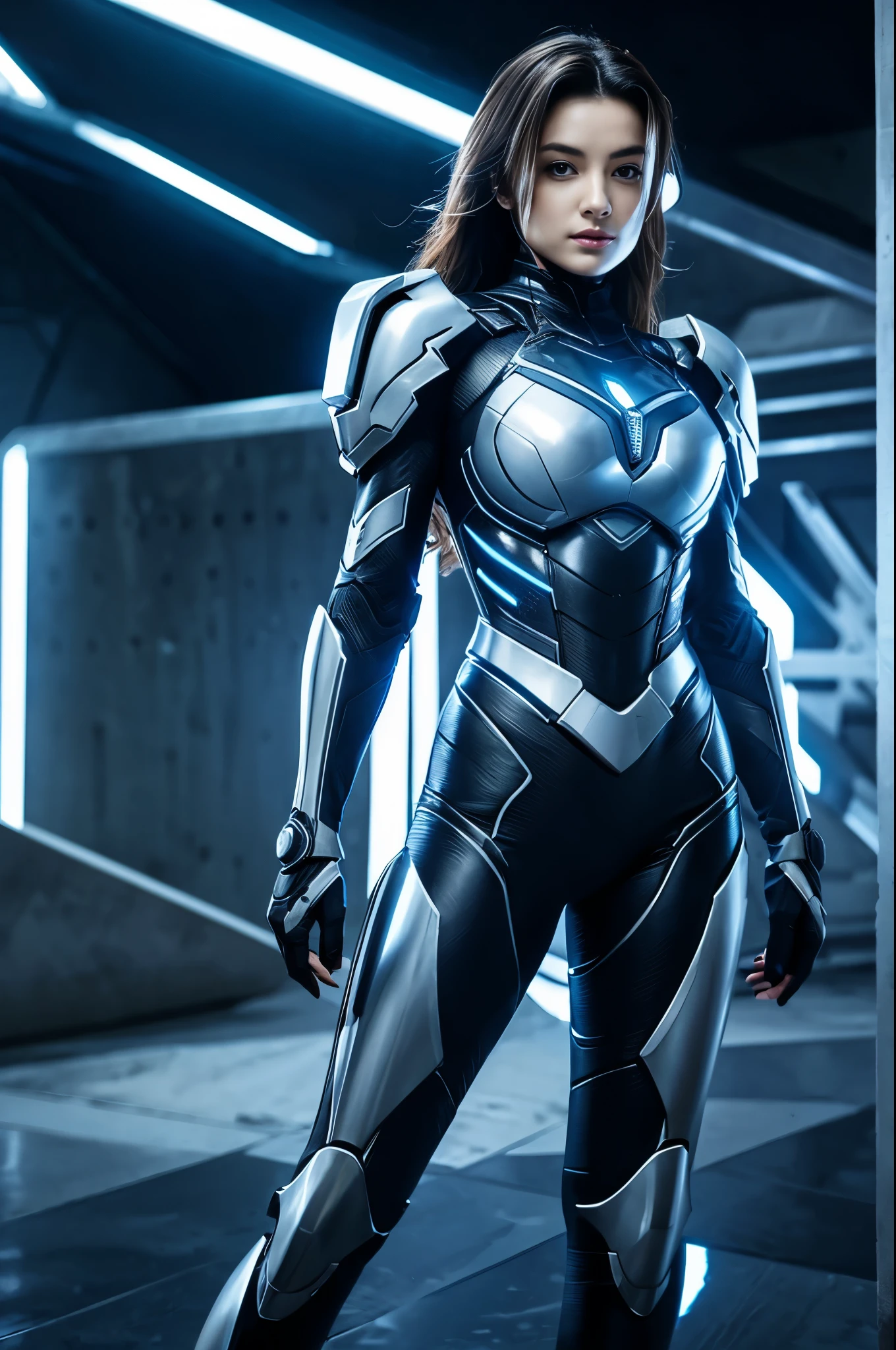 arafed woman in a futuristic armor standing, large breasts:1.5, long hair, looking at viewer, posing with a weapon, cyber patterns, no helmet, at the top of a wall, well lit, soft lights