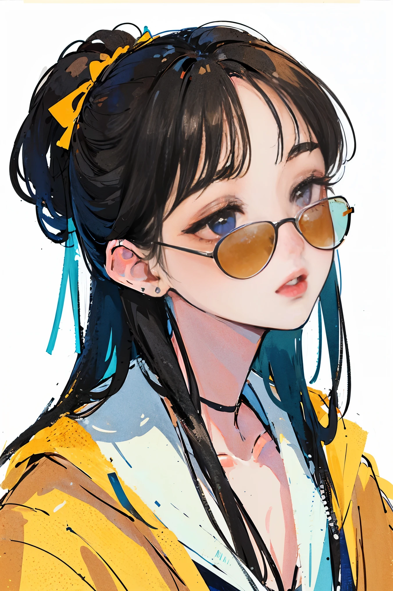 (Portraits:1.4), (masterpiece:1.2, best quality:1.2), from above, upper body, 
1girl, Look up, face focus, extremely detailed face, extremely detailed eyes, good-looking, make up, finger on lips, sunglasses, fashion wear, earrings,