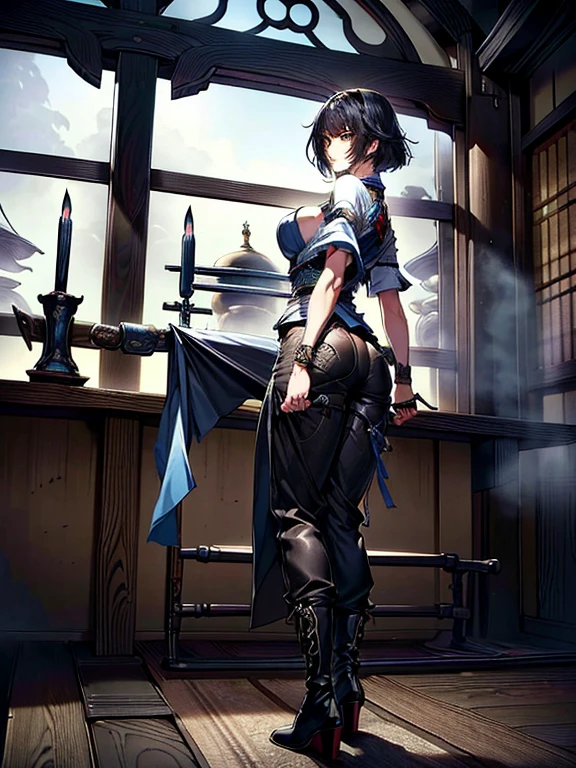 8k_wallpaper, extremely detailed eyes, extremely detailed body, (large masterpiece digital art), (detailed manga illustration), (detailed line art), ((perfect anatomy)), (intricate details:1.3), (ultra-detailed:1.3), (illustration:1.3), (sharp focus:1.3), (natural lighting:1.05), (vivid colors:1.3), (masterpiece), best quality, expressive eyes, perfect face, 1 girl, breasts, cleavage, gloves, large breasts, sarashi, traditional clothes, cerulean clothes, black hair, short hair, messy hair, dark brown eyes, hourglass physique, loose-fitting pants, dynamic pose, large ass, pale skin, shrine maiden, tomboy, combat boots