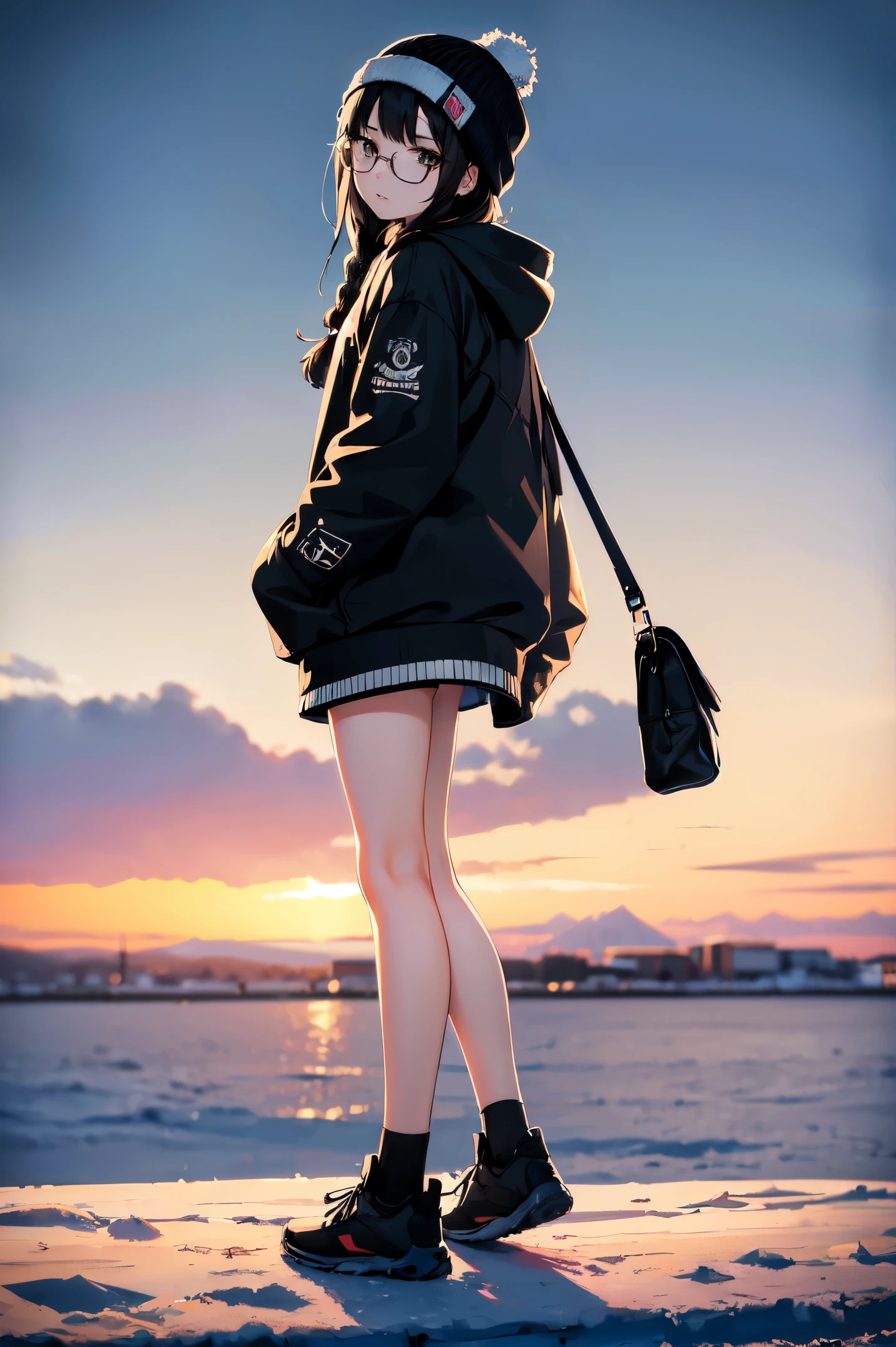 1 young cute girl, glasses, braids, brown eyes, black hair, hoodie, white knit hat, Winter scene, snowy city background, from side, full body, standing, look viewer, BREAK, (anime: 1.37), (Masterpiece, Best Quality: 1.2), (Ultra High Resolution: 1.2), (RAW Photo: 1.2), (Ultra Detailed CG Unified 8k Wallpaper: 1.2), (Beautiful Skin: 1.2), (pale Skin: 1.3), (Beautiful pretty face: 1.3), (super detailed background, detail background: 1.3), Ultra Realistic Photo, Hyper Sharp Image, Hyper Detail Image