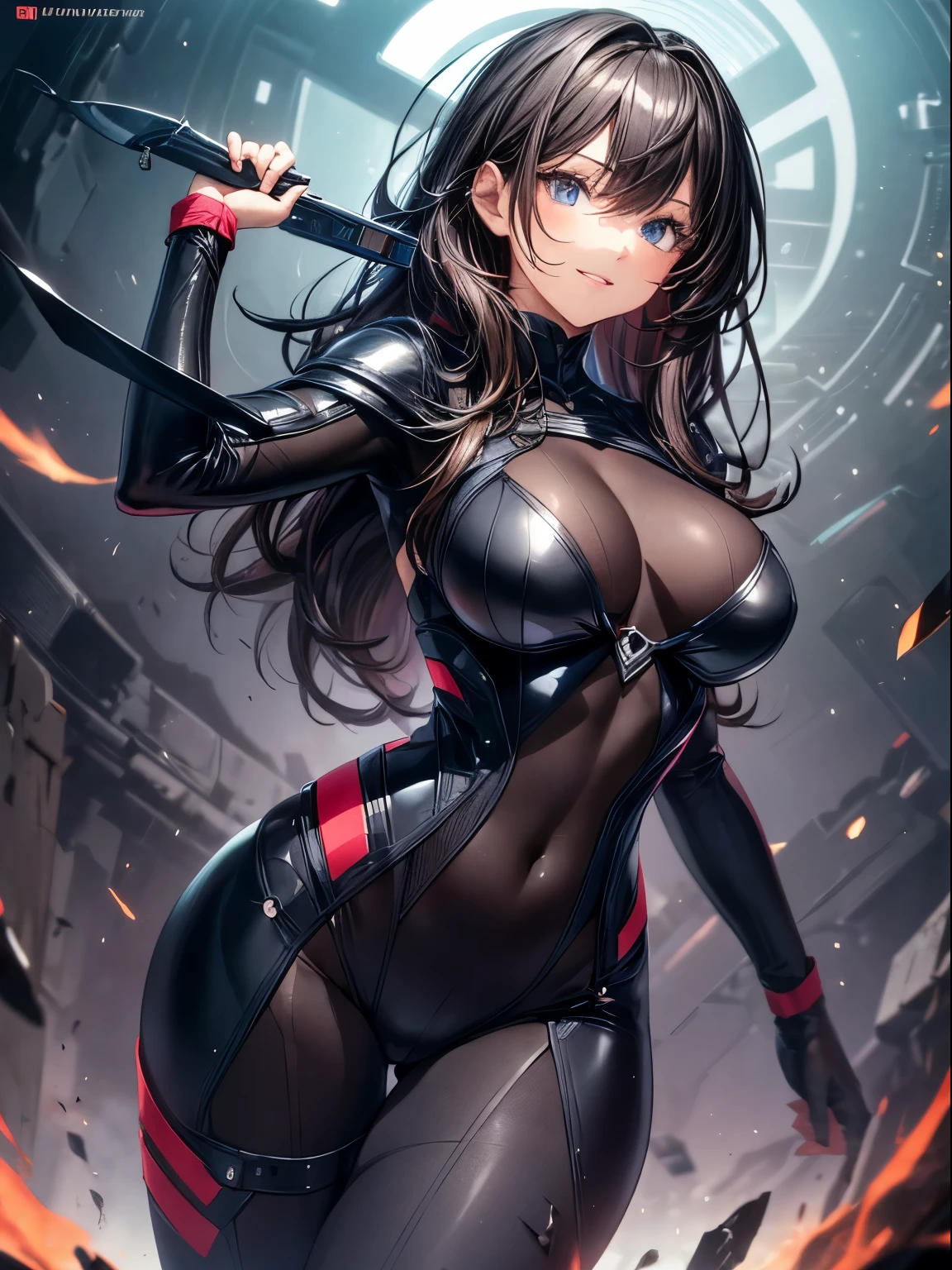 top-quality、Full limbs、complete fingers、one beautiful women、Beautiful busty woman、Women with straight hair、((Woman with dark hair))、A big smile、Complex mechanical bodysuit、Navy blue and black bodysuit、full armor