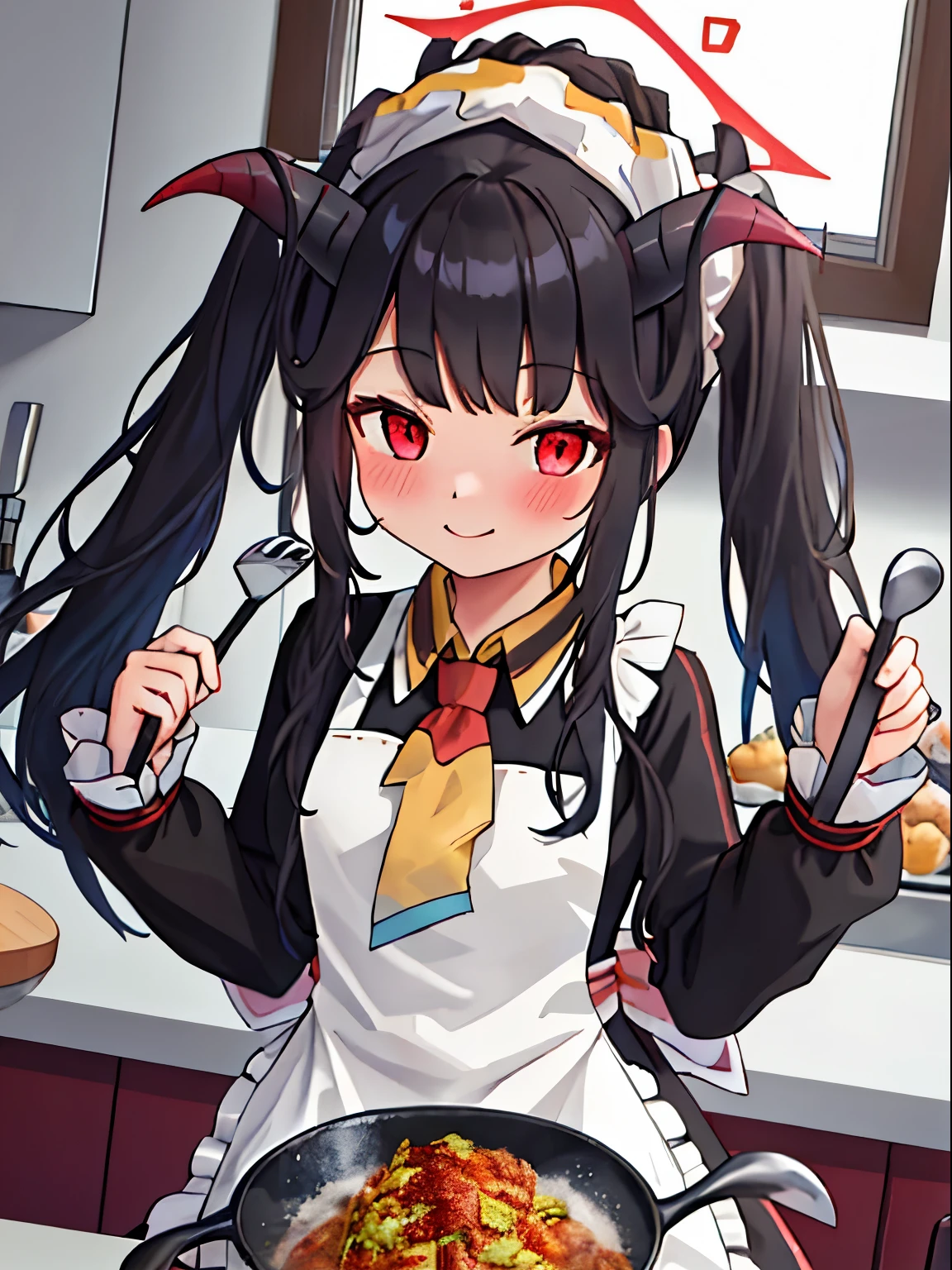 best quality, masterpiece, highres,hd,  solo, {fuuka_bluearchive:1.15}, horns, long_hair, black_hair, halo, red_eyes, blush, bangs, twintails, apron, smile, demon_horns, hair_on_horn, 1girl, black_horns, closed_mouth, frilled_sleeves, frills, head_scarf, long_sleeves, dress, frilled_apron, looking_at_viewer, necktie, collared_dress, holding, white_apron, ladle, indoor, kitchen, cooking, pan, cooking food, stoves