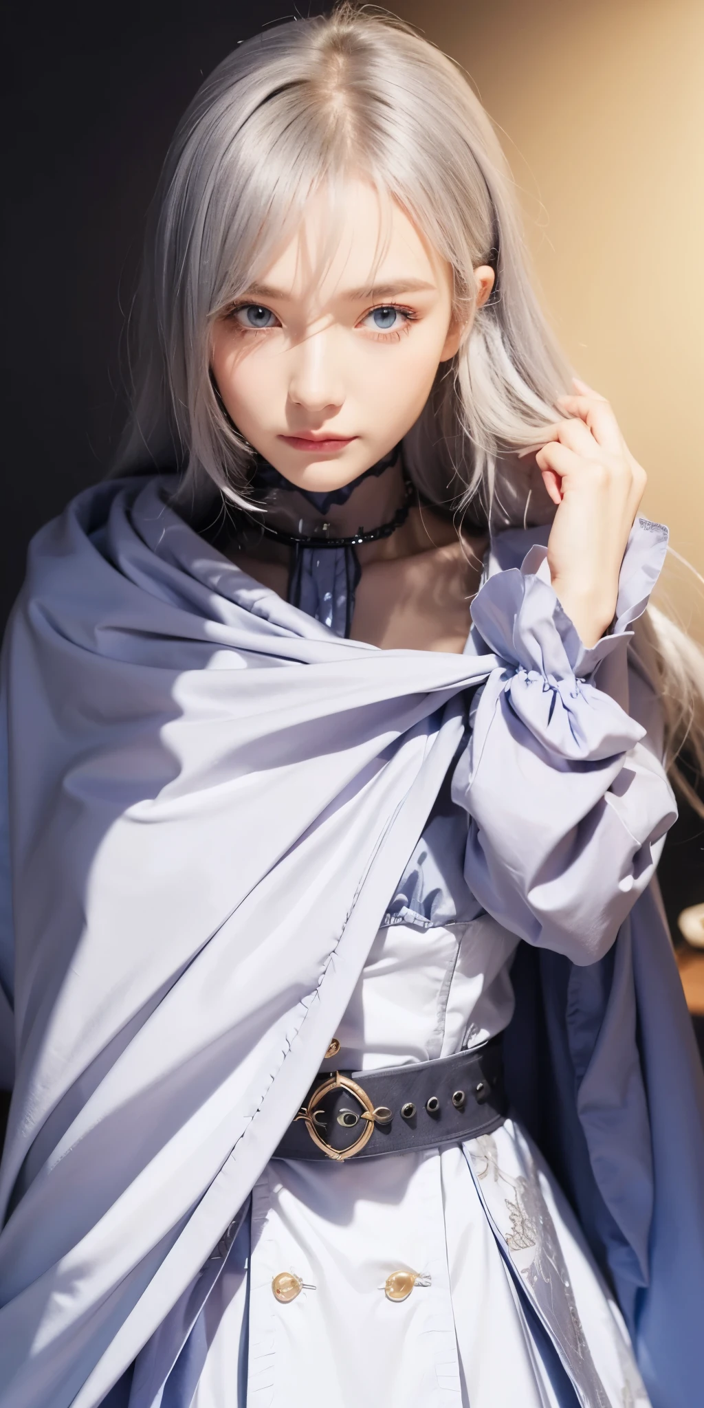 1girl, gray hair, blue eyes, high quality, ultra detailed, masterpiece, realistic, clothes