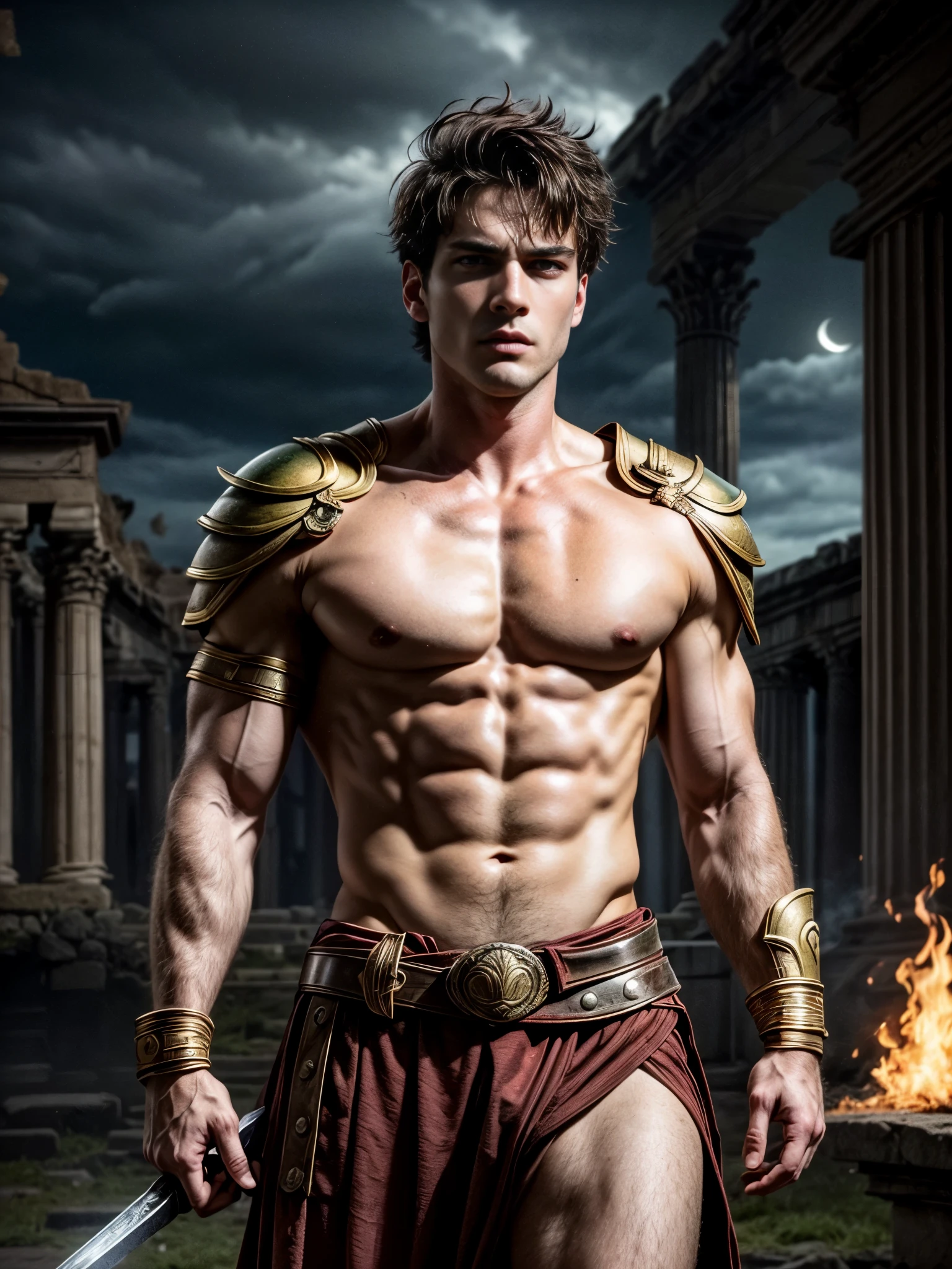 ((masterpiece)),((best quality)),8k, high detailed, ultra-detailed, Stylish Pose, real skin texture, dark cinematic lighting, full body shot, 35 mm lens, night, dark night, masculine, 26-year-old Italian male model, handsome Roman, he is the god of war, he is Ares, Mars, evil-looking, strong look, light green eyes, emerald green eyes, strong jawline, square jaw, dressed as a gladiator, ancient gladiator, male gladiator skirt, shaved face, buzz cut hair, short wavy hair, dark brown, shirtless, top naked, smoke, fire, open field, battle, background, blood on his chest, , , flawless skin, high detail, destroyed ancient Rome, ancient army in the background, dark storm, dark atmosphere, dark cloudy night,,,,,Depth of field