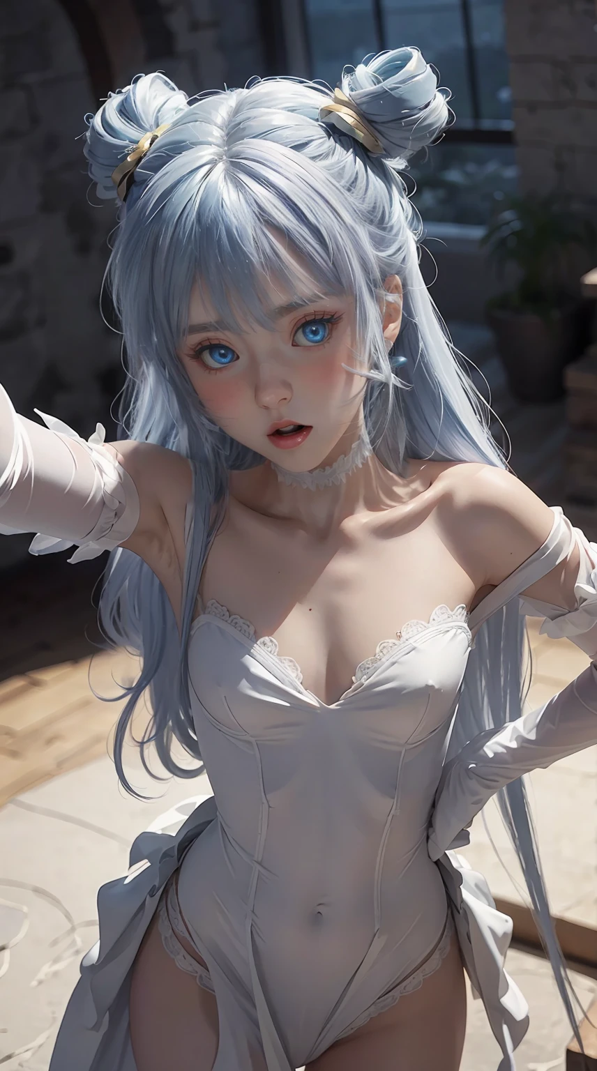 8K, Ultra High Definition, Super detailed, Shiny detailed hair, detailed face, fantasy landscape, solo, looking at viewer, {{best quality}}, {{masterpiece}}, {{ultra-detailed}}, {detailed light}, ultra high quality eyes, detailed eyes, perfect eyes, large eyes, detailed blue eyes, white hair, long hair, adorned hair, beautiful, skinny body, white skin, slutty, erotic, suggestive, sitting with legs open, open legs, blushing, open mouth, ahegao, ((nsfw))