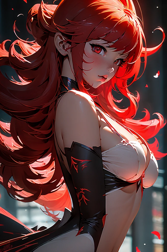 Rias Gremory. fondo animado dragon rojo adornos llameantes rojo carmesi, pelo rojo, cabello rojo y rizado, senos enormes