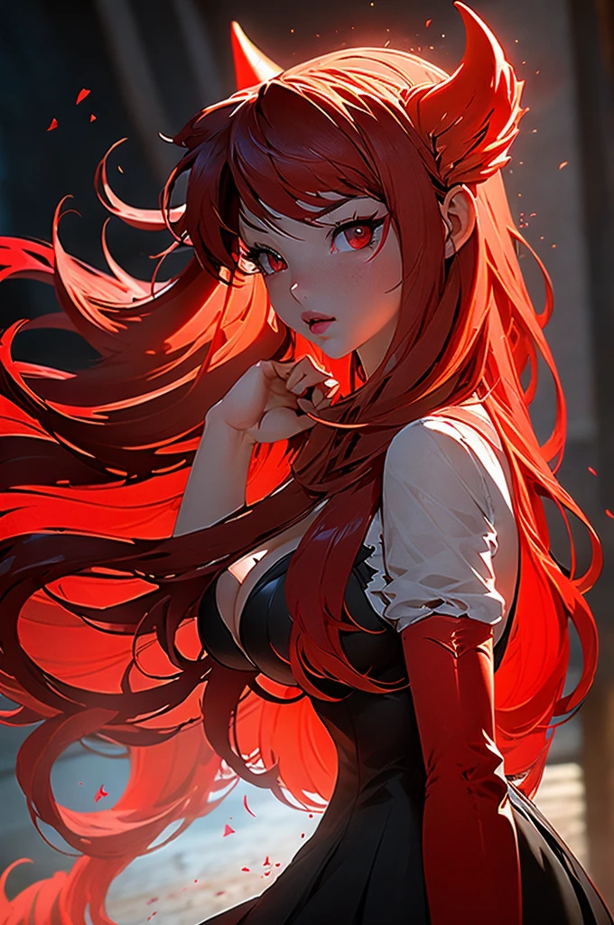 Rias Gremory. fondo animado dragon rojo adornos llameantes rojo carmesi, pelo rojo, cabello rojo y rizado, senos enormes