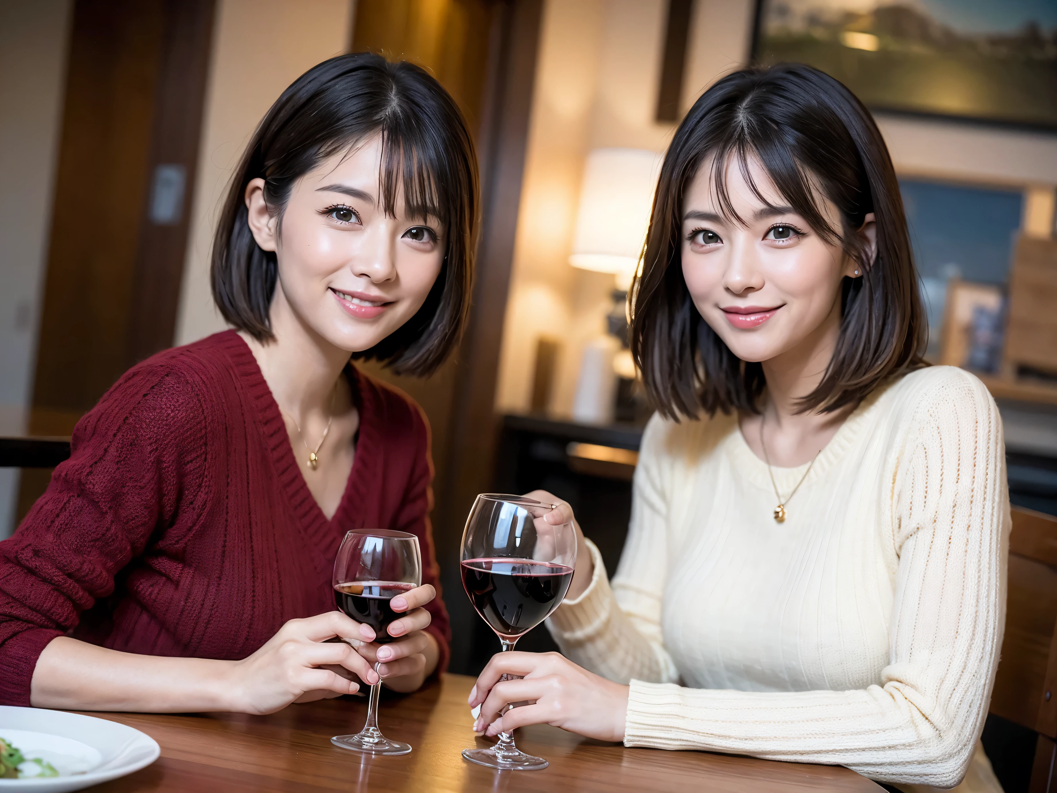 (64k uhd、nffsw、top-quality、masterpiece:1.2)、(realisitic、Photorealsitic:1.37)、ultra-detailliert、wine glasses、enjoying a glass of wine、a matural female、Two beautiful women、(Slimedな顔)、(Slimedなボティ)、(brawn hair)、(short-cut)、Dutchman、Spaniard、japanes、Latino、smiling french woman、happy italian girl、British woman、Americana、blush a little on the cheeks、(38 years)、42 year old、red wine、窓の外には美しく緻密なnatta景が広がります.......、resturant、wine glassesは目立つ場所に、natta、(from waist up)、sitting on、date、(A smile:1.15)、Beautiful detailed eyes、Cashmere sweater、long-sleeved dresses、japanes、(short-hair:1.2)、Float NovaFrogStyle、、modeled、from waist up、white wine、Slimed、wine glasses、超きれいなnatta景、wine glassesは真ん中に置いて、Happy smile、(8K、Raw photography、top-quality、masterpiece:1.2)、(realisitic、Photorealsitic:1.37)、ultra-detailliert、超A high resolution、2 females、see the beholder、beautifull detailed face、A smile、Constriction、(細いSlimedなウェスト) :1.3)、knit shirt、Beautiful detailed skin、Skin Texture、floated hair、professional light needle breast、eyes gentle