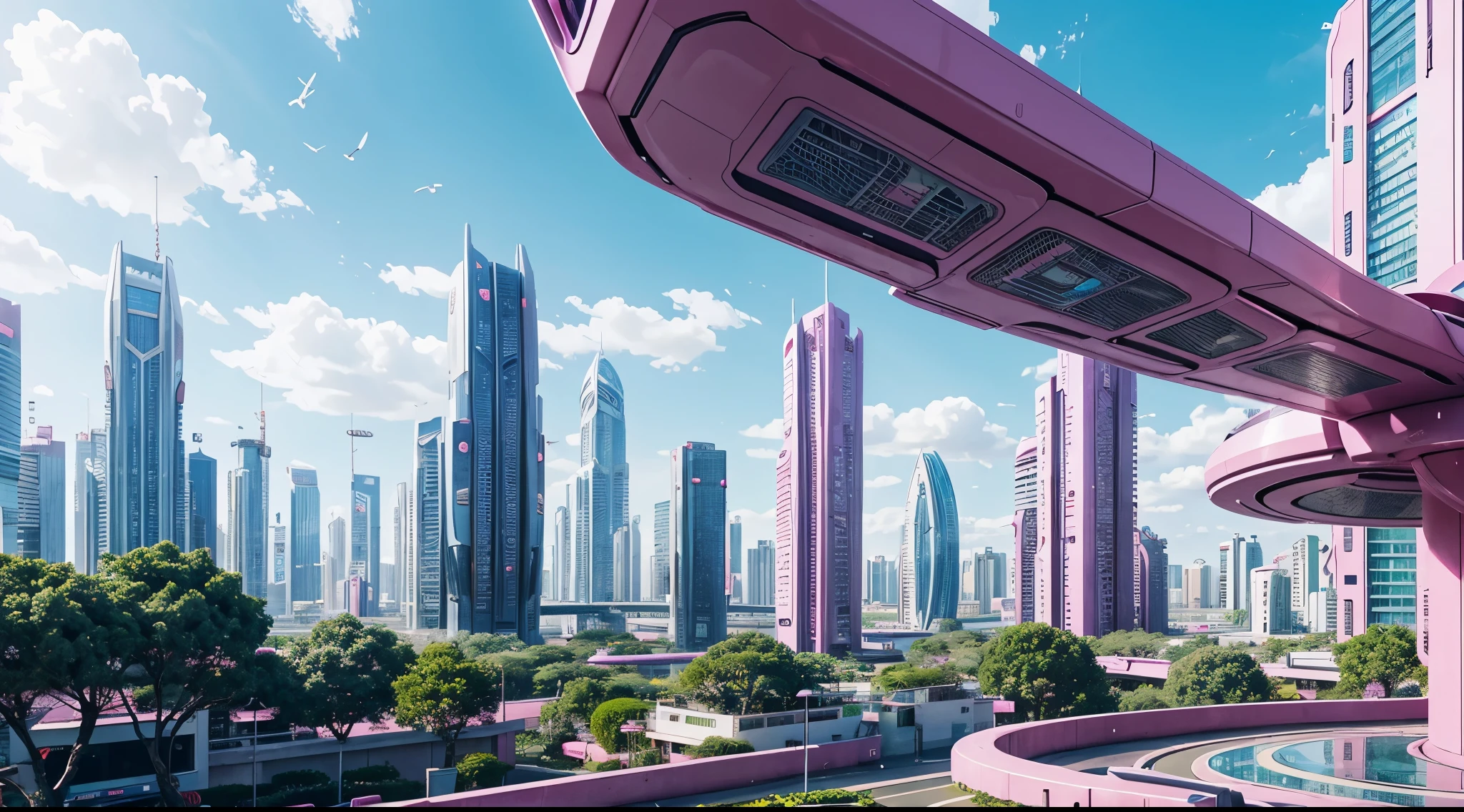anime style futuristic cityscape with pink elements. futuristic gardens on each building with hanging trees. flying cars in sky.
