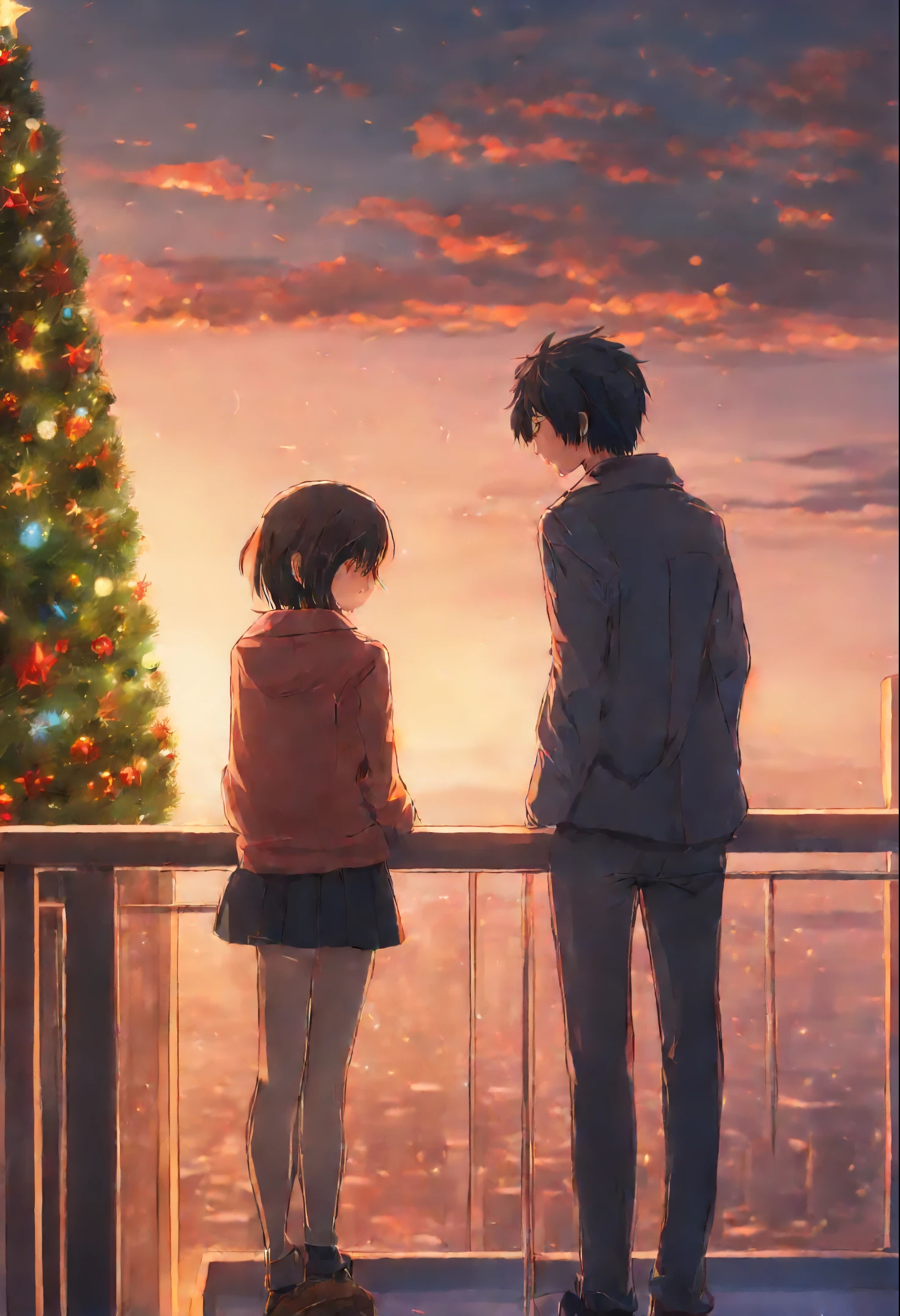 anime couple standing on a ledge looking at a Christmas tree, guweiz and makoto sinkai, in style of makoto sinkai, ross tran and makoto sinkai, sakimichan and makoto sinkai, makoto sinkai. —h 2160, style of makoto sinkai, ( ( makoto sinkai ) )