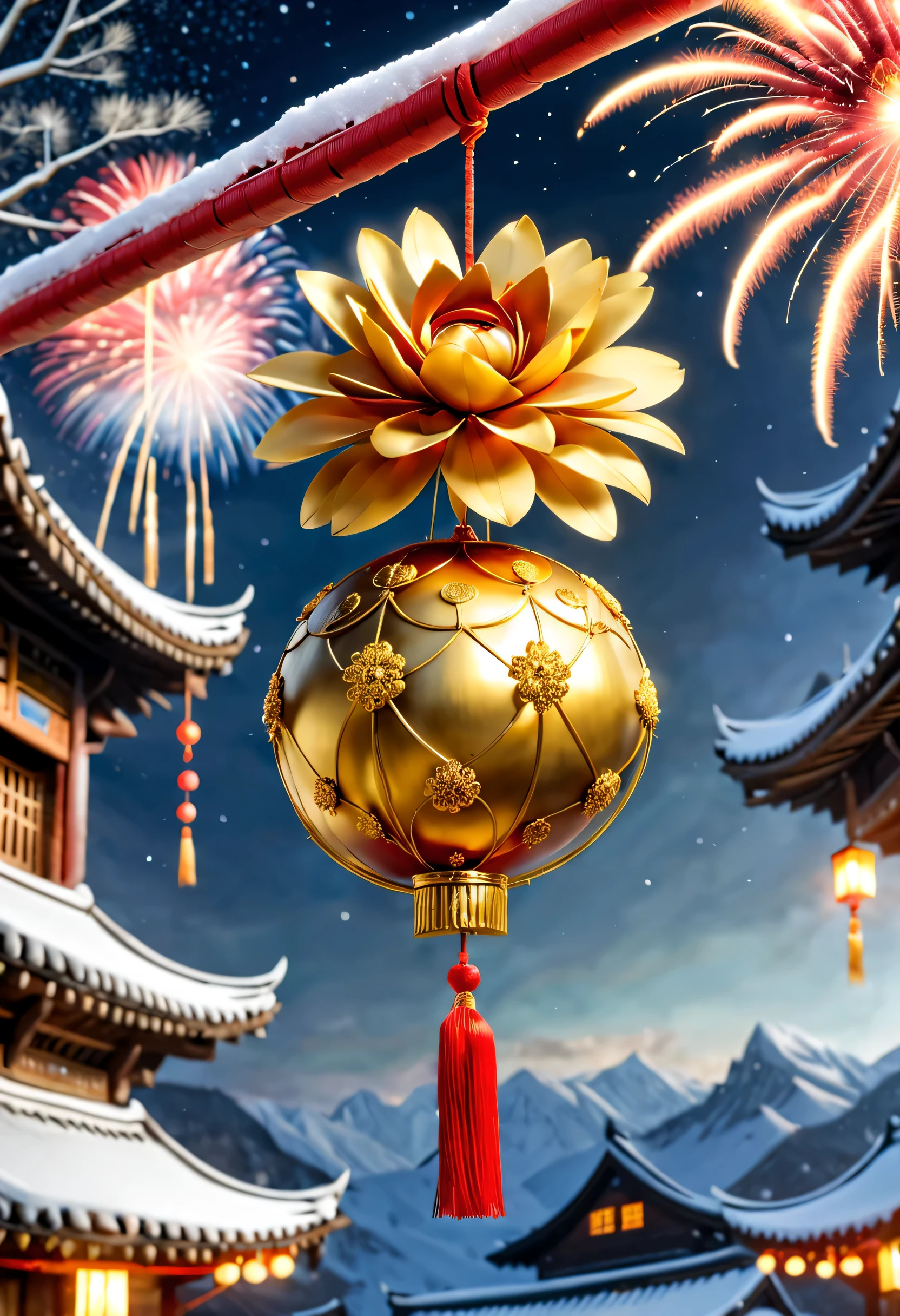 (Jinhua ham from southern China hangs on a red rope under the eaves.:close up）Northeast Snow Country Fireworks Festival Night,,red gold and white outdoor,The content is very detailed, Best quality at best, A high resolution, tmasterpiece, photographyrealism, 8K, Perspectives, rustic, S Kahn,