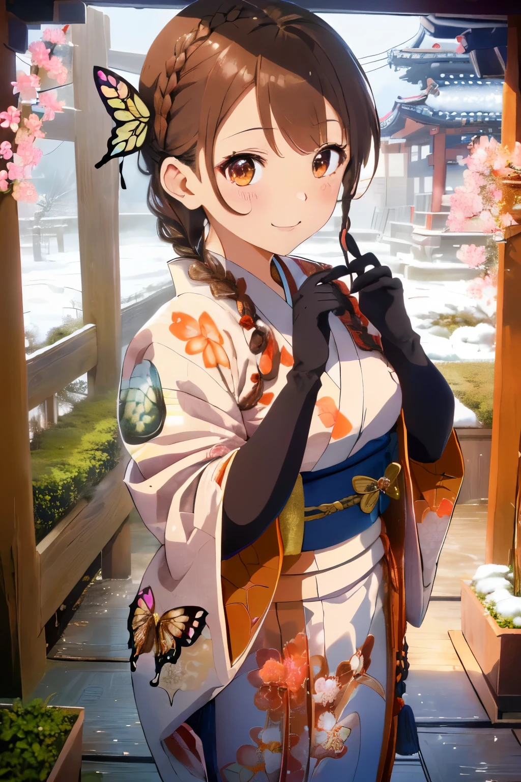 (Brown hair),(Braided shorthair:1.4),(Brown eyes:1.3),(With bangs),Slight red tide,(gloves:1.5),(Kimono with cute design:1.4),(butterfly pattern:1.3),(place々Japanese clothes with lace:1.3),(Brown short boots),(Happy smile:1.1),(Smiling smile:1.15),(Kadomatsu:1.25),(Accessories shaped like flowers and crystals:1.3),(Her eyes are sparkling:1.2),(Eye size:1.7),(close up of face:1.4),(Perspective from above:1.2),(神社のような和風な雰囲気の場place),(Winter outdoor:1.25),(Warm-looking fabric:1.3),