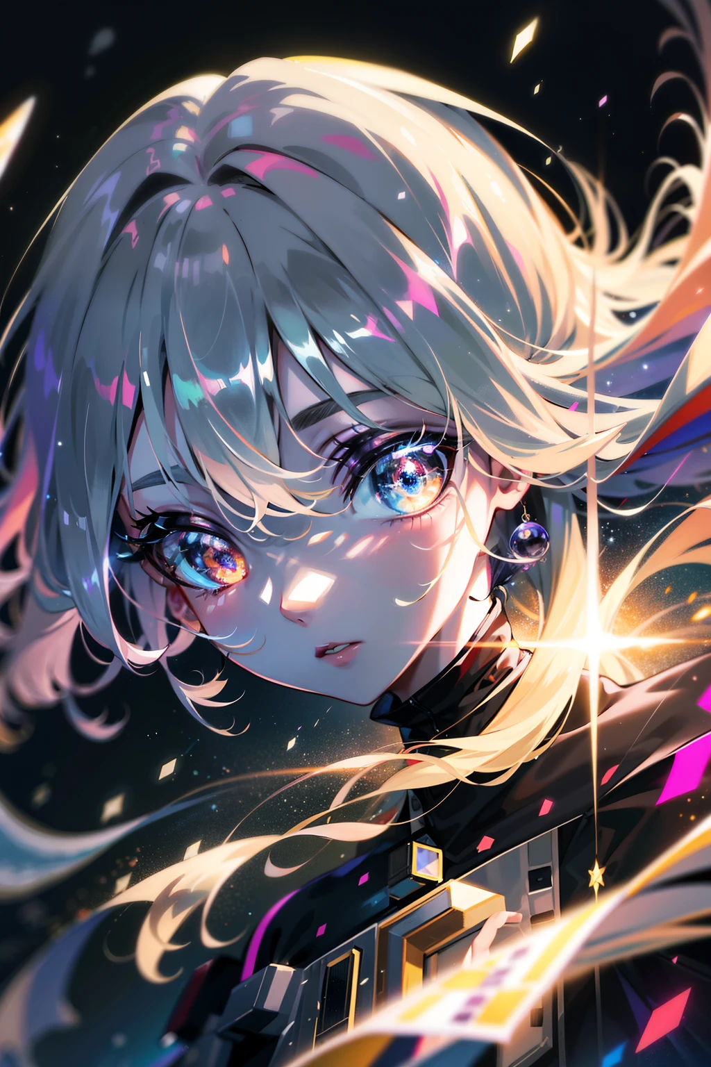 8K, nffsw, masutepiece, High resolution, Ultra-detailed, epic lighting, Detailed eyes, 1 girl, Goddess, almighty human, floating in the universe, Sparkling eyes, Glowing eyes, Long hair, Cosmic bodies, Galaxy inside the body, multiple galaxies inside the body, Transparent body, light Particle, Distant view, Outer space, distant space, Galaxy, Stars, supernova, Solar , Milky way, multiple galaxies, fragment, Materialization of the multiverse.