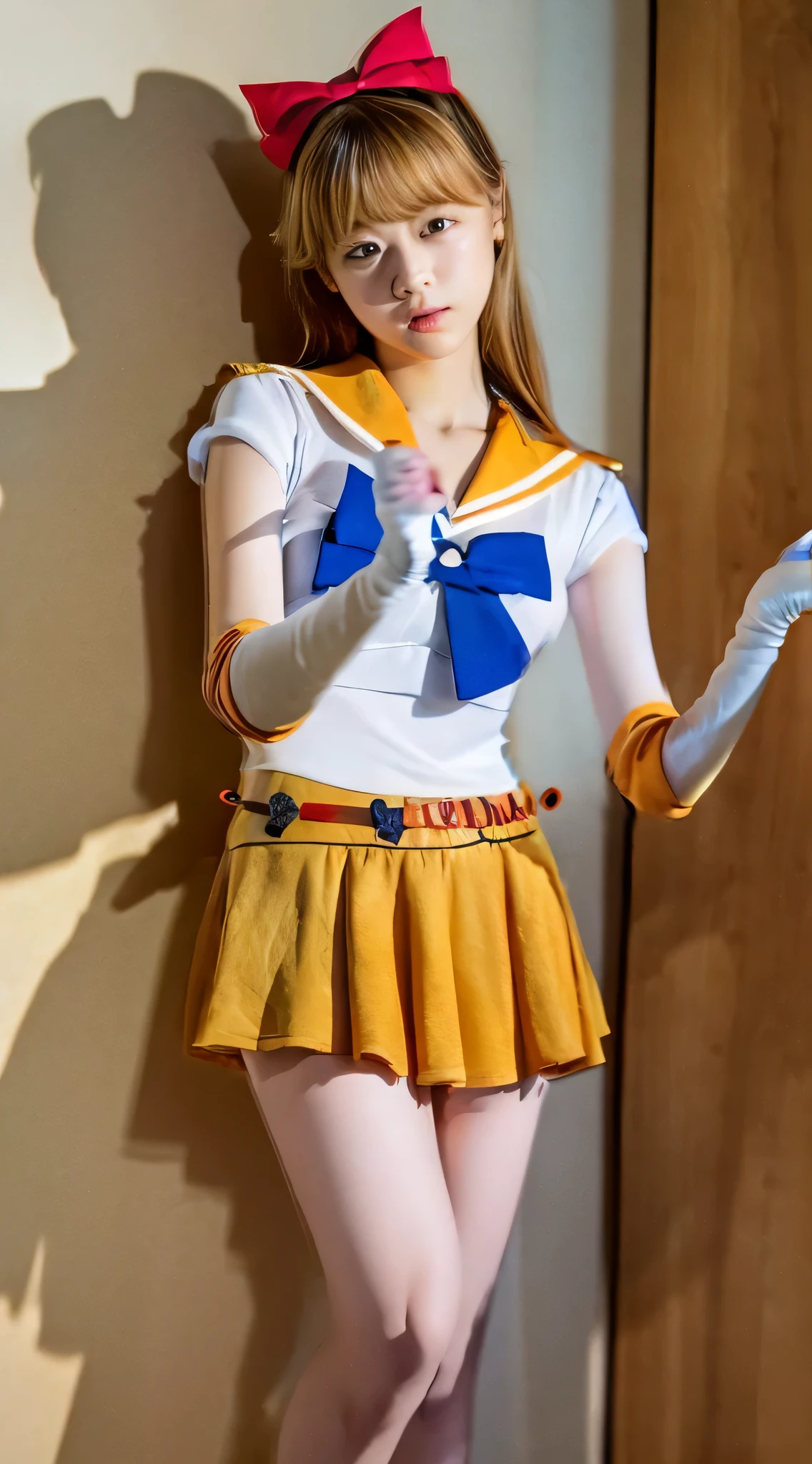 (masterpiece), (Highest quality), (Super detailed),(figure), (One girl),View your viewers, (interview),Beautiful attention to detail, Delicate and beautiful face, floating,(High saturation),(The Shining), sv1, Venus 1, Sailor Warrior Uniform, Sailor Venus, Minako Aino, Blonde, Magical girl, blue eyes, White panties, Orange Skirt, Elbow hand pockets, tiara, Pleated skirt, Hair Ribbon, Orange Sailor Collar, mini skirt, choker, Red Bow, Orange choker, White gloves, Very long hair, jewelry, Earrings, smile,