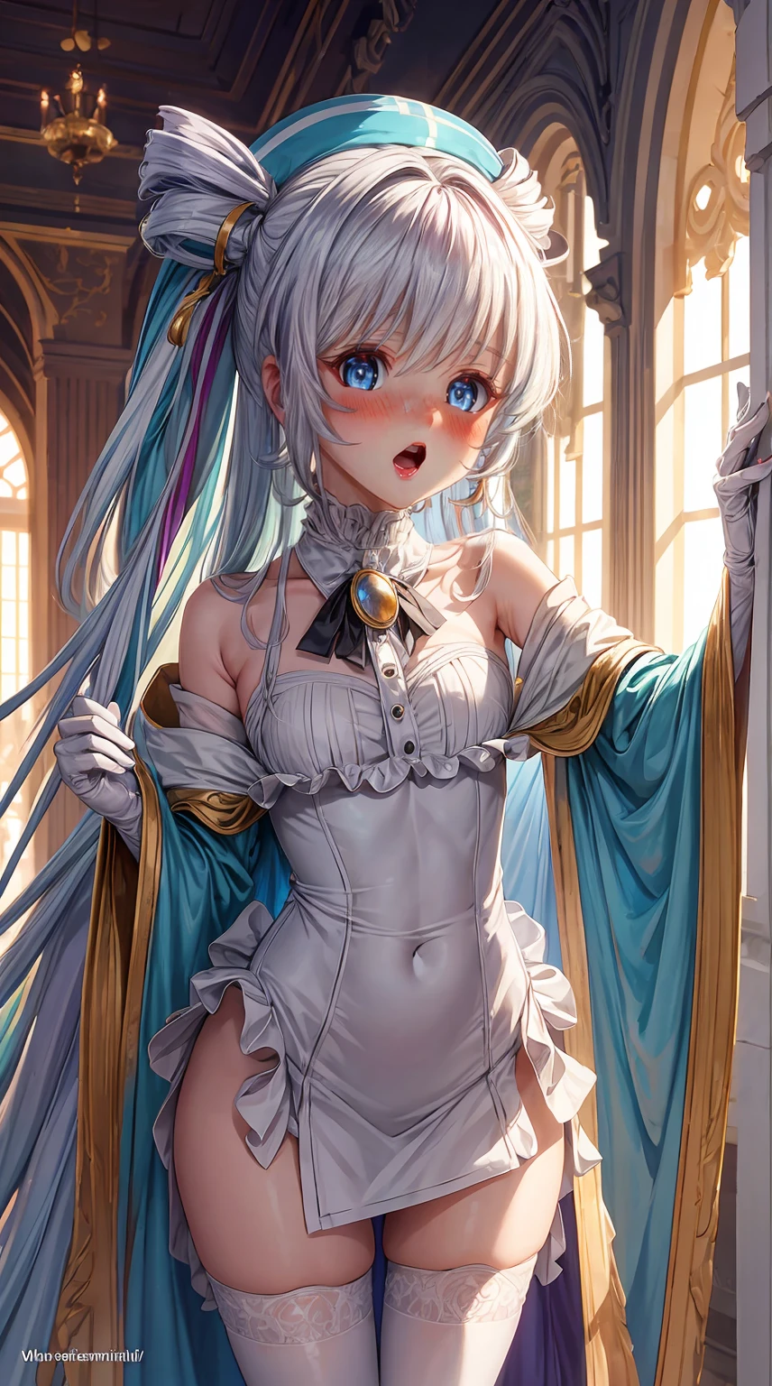 (((depict young pure girll))), (((top-quality, masterpiece))), ((lace lingerie)), ((swirling veil)) ((cute white lingerie with lot of details)), (((light blue ribbons on lingerie))), straight blond hair, deep blue eyes, ((small breasts)), (((topless))), nice hips, open shoulder, (Masterpiece, Excellent, complex details), delicate girl, delicate face, soft, pure, light, happy smille