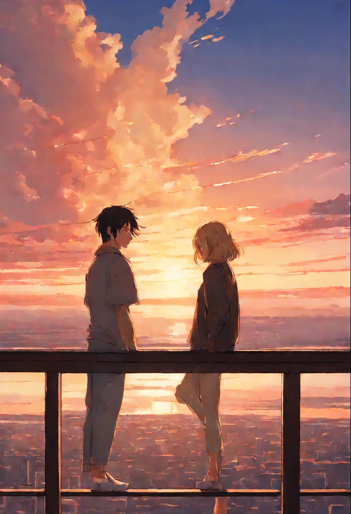 anime couple of two friends brunettes and blondes, standing on a ledge and watching the sunset, clouds and rainbow below, guweiz and makoto sinkai, in style of makoto sinkai, makoto sinkai cyril rolando, sakimichan and makoto sinkai, ross tran and makoto sinkai, ( ( makoto sinkai ) ), style of makoto sinkai