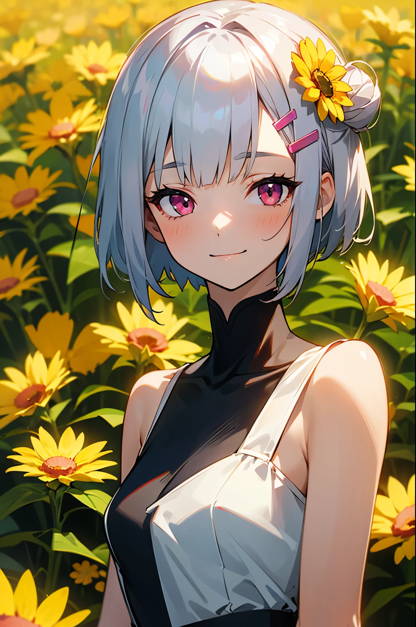 1girl in、Short hair with silver bob styled in a bun with hair clip, Pink eyes、small tits、A slight smil、Laugh、Spring season、Many yellow flowers bloom、flowerfield background