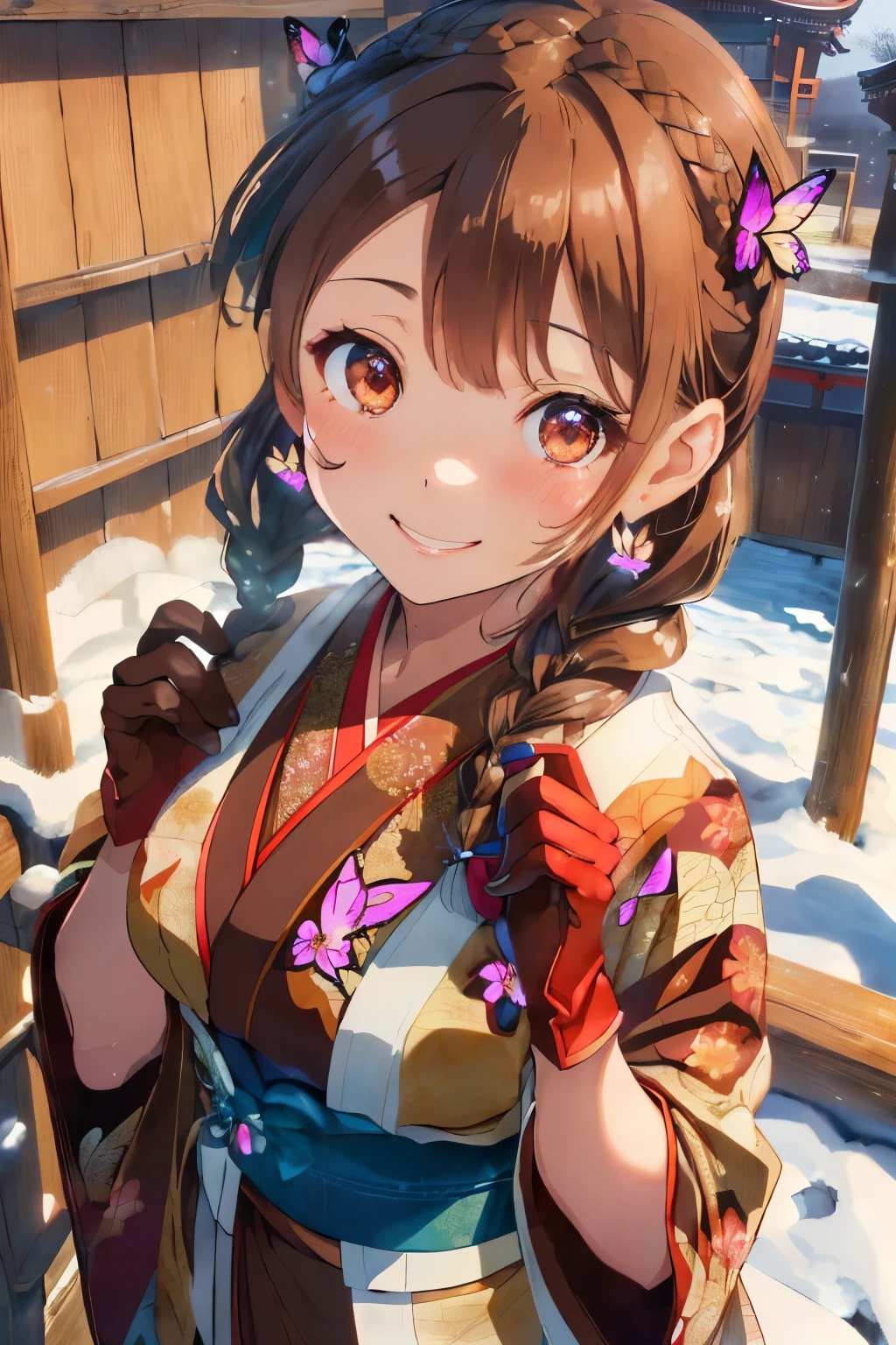 (Brown hair),(Braided shorthair:1.4),(Brown eyes:1.3),(With bangs),Slight red tide,(gloves:1.5),(Kimono with cute design:1.4),(butterfly pattern:1.3),(place々Japanese clothes with lace:1.3),(Brown short boots),(Happy smile:1.1),(Smiling smile:1.15),(Kadomatsu:1.25),(Accessories shaped like flowers and crystals:1.3),(Her eyes are sparkling:1.2),(Eye size:1.7),(close up of face:1.4),(Perspective from above:1.2),(神社のような和風な雰囲気の場place),(Winter outdoor:1.25),(Warm-looking fabric:1.3),