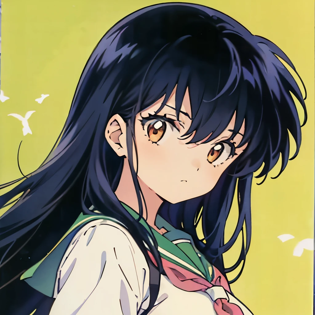 Rumiko Takaha Eshi, 1980 S \(Style\), retro artStyleotonaesi, 1girl in,&#39;Me in my 20s、 School uniform, green Background, caretaker、Long hair, Background, Solo, ((maesutepiece))