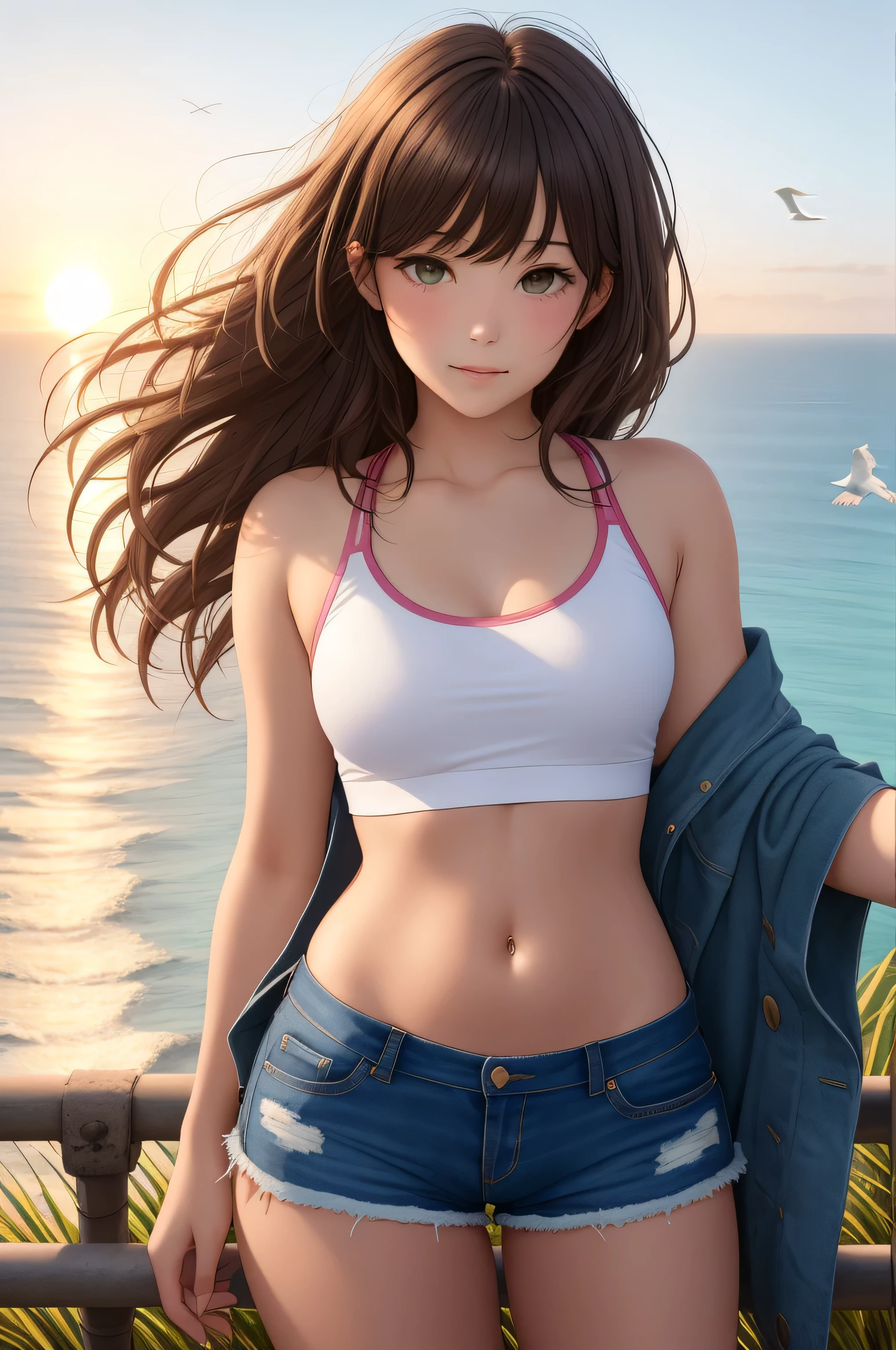 {there is a young girl standing by a cliff overlooking the ocean. she is beautiful, and attractive. she is wearing a white singlet, and denim shorts. the singlet is short, and you can see her stomach. the demin shorts are low on the waste, and short. she has beautiful long brown hair, and beautiful hazel eyes. there is railings near the cliff edge. there is a full view of the ocean from the cliff. there some bushes also nearby the girl, but there is a dirt path also where she is. the sun is setting, and the is a couple of clouds near the sun in the far background. there is also some seagulls nearby her flying, but are a distance away. the wind is also blowing, and her hair is flowing in the wind}, {best quality}, {{masterpiece}}, {highres}, {{{8k}}}, extremely detailed girl, {{{caucasian skin}}}, {{{detailed face}}}, {photo-realism}, {{perfect anatomy}}, sharp focus, {{{character{1 girl}}}}, solo, {{{{{sharp focus}}}}}, {{{detailed cloth texture}}}, {{{detailed skin texture}}}, {{{smooth lighting}}}, {{australian decent}}, {{18-years old girl}},