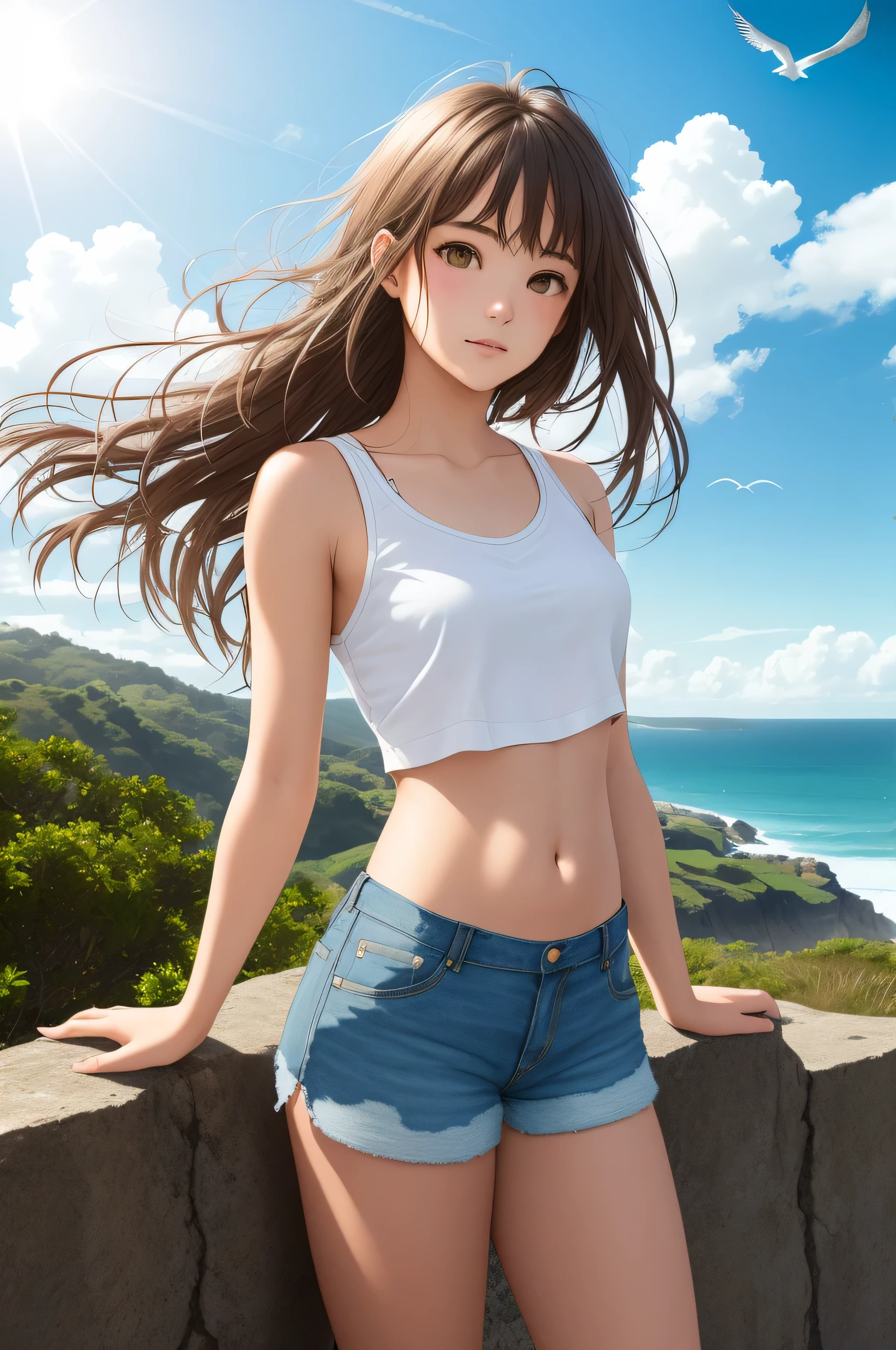 {there is a young girl standing by a cliff overlooking the ocean. she is beautiful, and attractive. she is wearing a white singlet, and denim shorts. the singlet is short, and you can see her stomach. the demin shorts are low on the waste, and short. she has beautiful long brown hair, and beautiful hazel eyes. there is railings near the cliff edge. there is a full view of the ocean from the cliff. there some bushes also nearby the girl, but there is a dirt path also where she is. the sun is setting, and the is a couple of clouds near the sun in the far background. there is also some seagulls nearby her flying, but are a distance away. the wind is also blowing, and her hair is flowing in the wind}, {best quality}, {{masterpiece}}, {highres}, {{{8k}}}, extremely detailed girl, {{{caucasian skin}}}, {{{detailed face}}}, {photo-realism}, {{perfect anatomy}}, sharp focus, {{{character{1 girl}}}}, solo, {{{{{sharp focus}}}}}, {{{detailed cloth texture}}}, {{{detailed skin texture}}}, {{{smooth lighting}}}, {{australian decent}}, {{18-years old girl}},