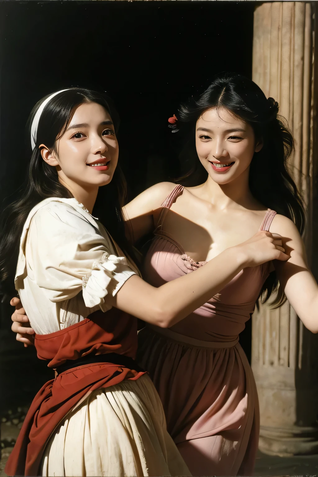 Ancient Roman landscape in the style of Nicolas Poussin,laughter,,Sweet and seductive appearance.、Caravaggio's paintings、Chiaroscuro of Caravaggio、hair tousled by the wind,Two women frolicking,cute smile, expression of ecstasy,Sexy,erotic