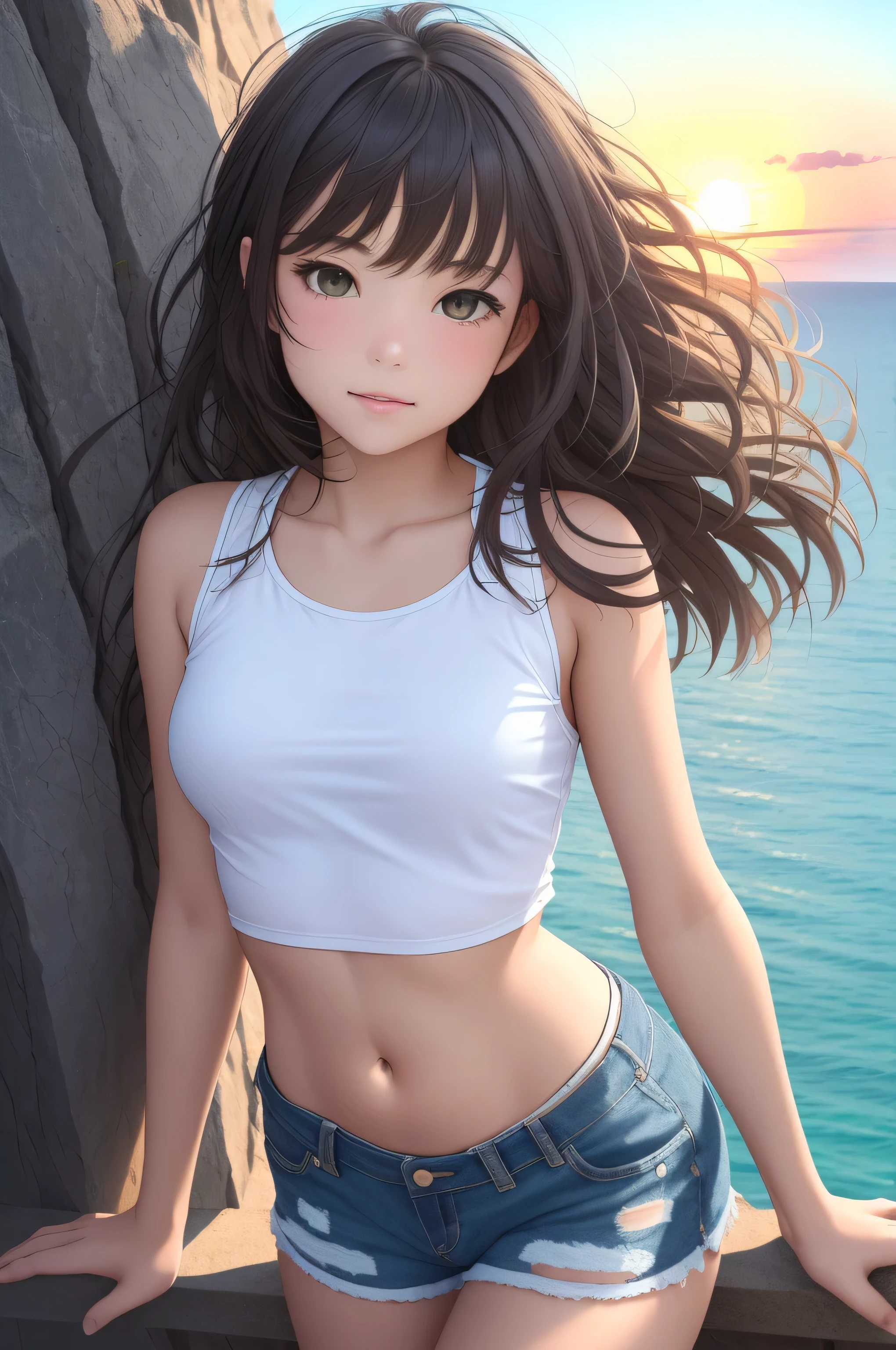 {there is a young girl standing by a cliff overlooking the ocean. she is beautiful, and attractive. she is wearing a white singlet, and denim shorts. the singlet is short, and you can see her stomach. the demin shorts are low on the waste, and short. she has beautiful long brown hair, and beautiful hazel eyes. there is railings near the cliff edge. there is a full view of the ocean from the cliff. there some bushes also nearby the girl, but there is a dirt path also where she is. the sun is setting, and the is a couple of clouds near the sun in the far background. there is also some seagulls nearby her flying, but are a distance away. the wind is also blowing, and her hair is flowing in the wind}, {best quality}, {{masterpiece}}, {highres}, {{{8k}}}, extremely detailed girl, {{{caucasian skin}}}, {{{detailed face}}}, {photo-realism}, {{perfect anatomy}}, sharp focus, {{{character{1 girl}}}}, solo, {{{{{sharp focus}}}}}, {{{detailed cloth texture}}}, {{{detailed skin texture}}}, {{{smooth lighting}}}, {{australian decent}}, {{18-years old girl}},