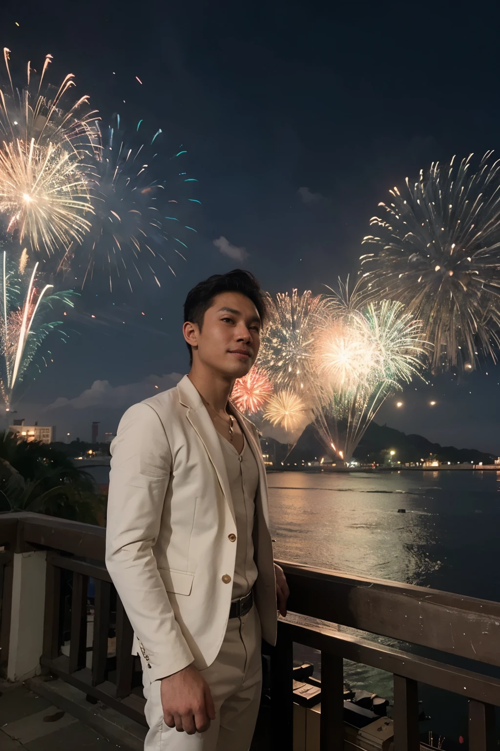 A handsome Indonesian man is standing on a building facing the front watching the 2024 New Year celebration full of lanterns and fireworks and the words Happy New Year 2024 dress jacket and perfect picture